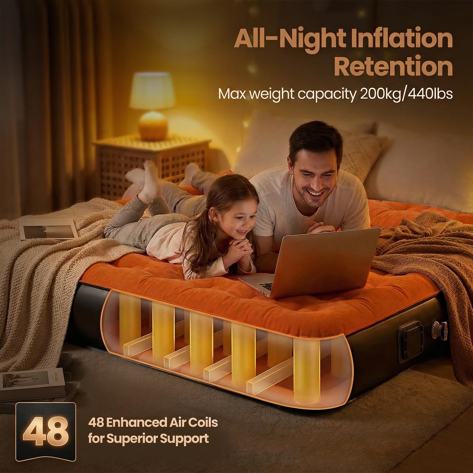 Luftmatratze Selbstaufblasend, Aufblasbare Matratze mit integrierter Pumpe Aufblasen 3 Min, Luftbett Königgröße für Heim Camping Reise | 200 x 150 x 25 cm (Orange, 200 x 150 x 25 cm)