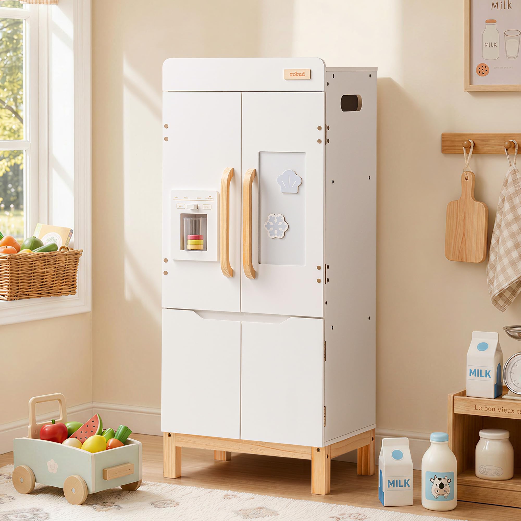 ROBUD Wooden Toy Fridge for Kids, Pretend Play Refrigerator with Beverage Machine & Storage, Fridge Magnets, Toddler Kitchen Playset for Boys Girls Age 3+, White