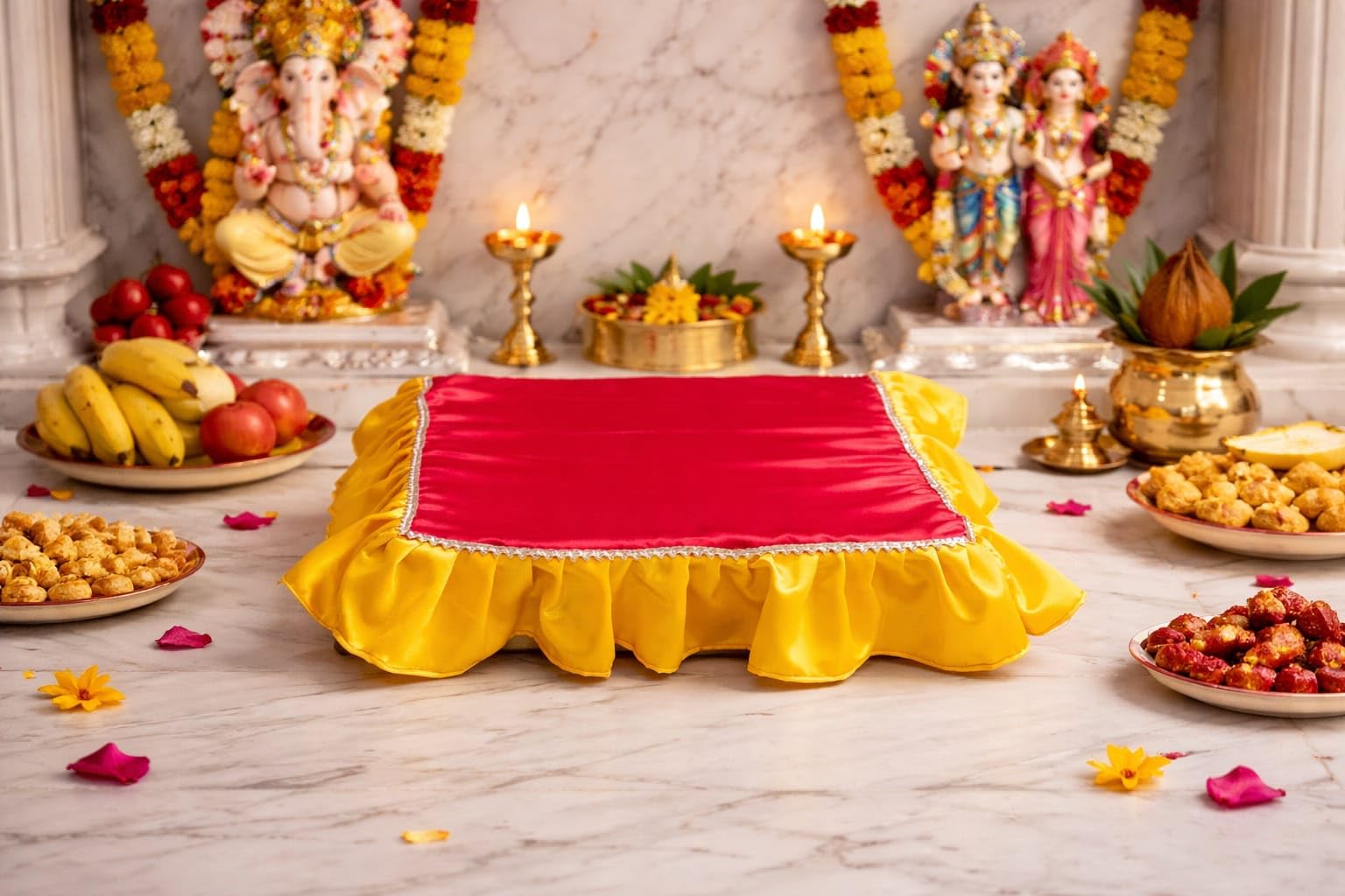 seer traditional chaurnag cover 16 inch | red & yellow with gold trim | decorative pooja cloth for festivals, mandir & ritual use