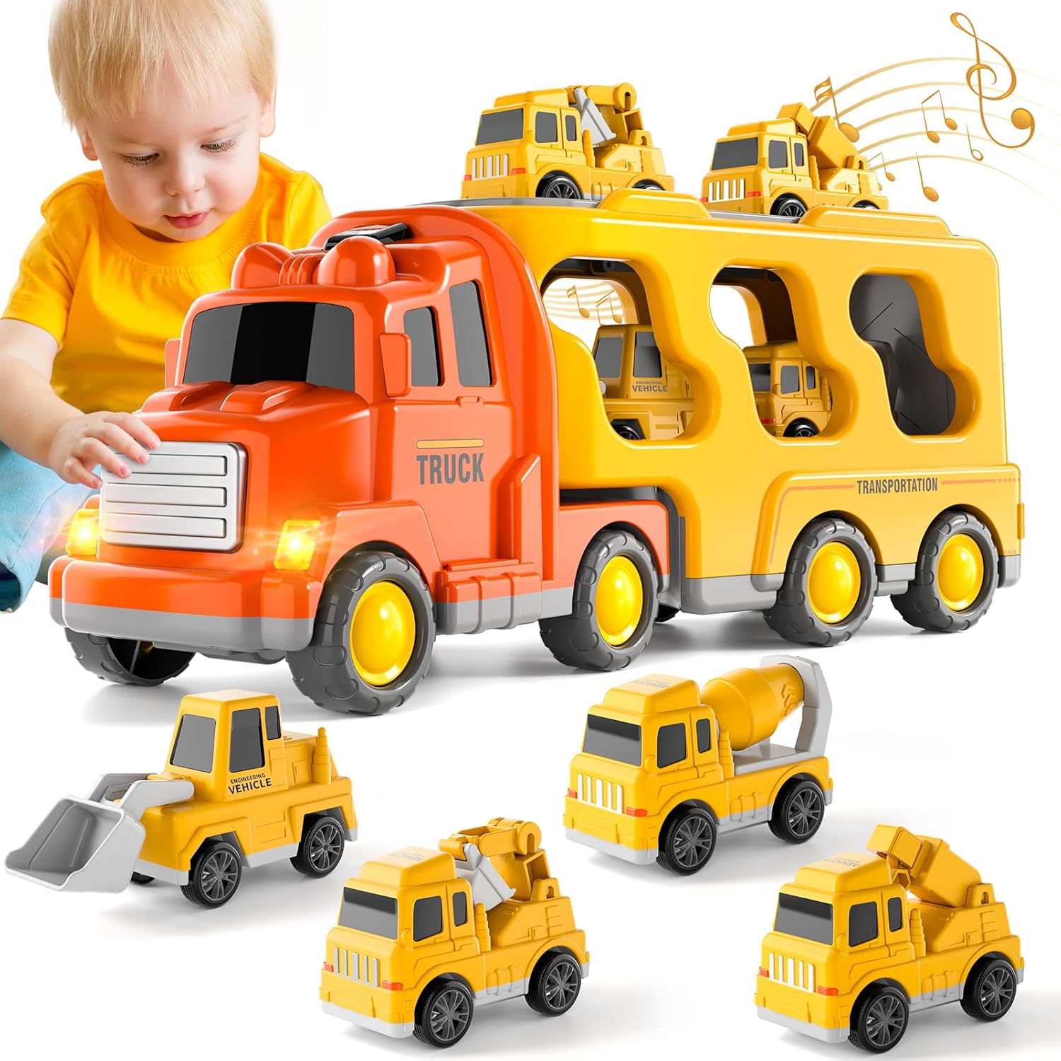 Ci Vetch Car Transporter Toy for Boys, 5 In 1 Construction Trucks Cars