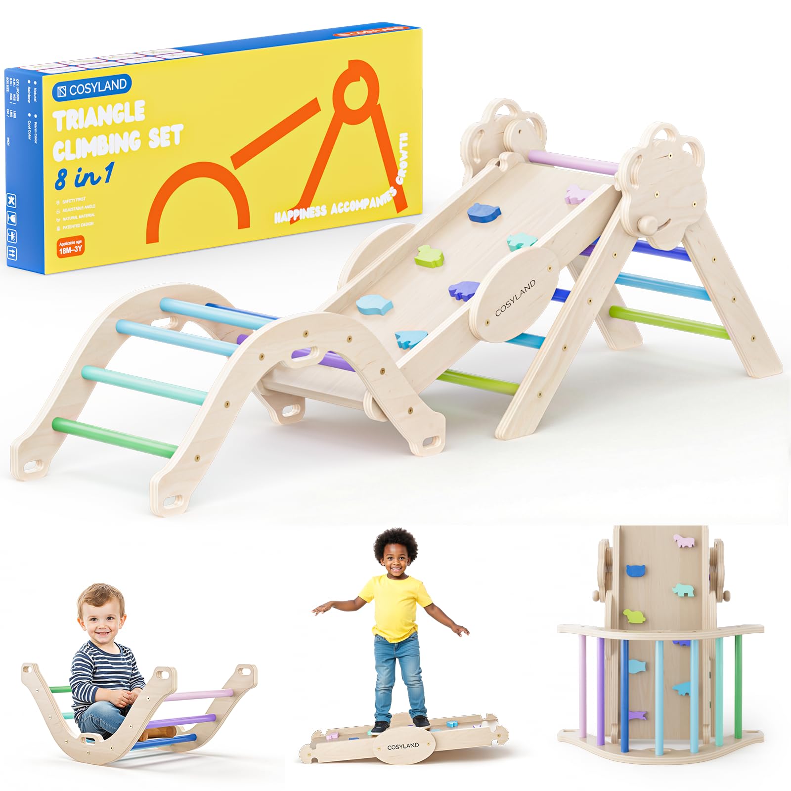 COSYLAND 8 w 1 Trójkąt wspinaczkowy Montessori z łukiem i rampą, składany zestaw dla dzieci, wytrzymała drewniana zabawka do wnętrz, dzieci 18 miesięcy-6 lat, fajna, średnia
