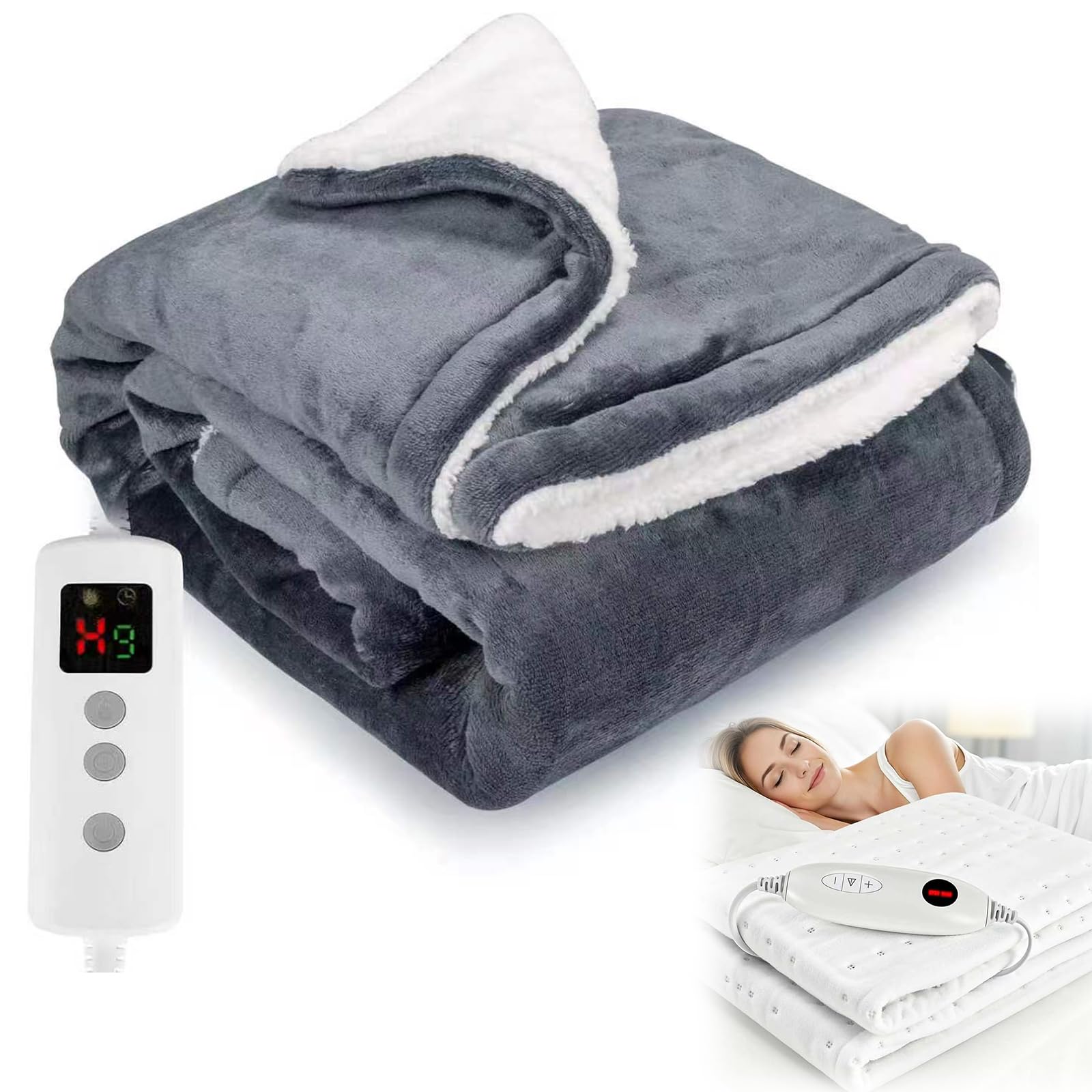 Coperta Riscaldante Elettrica, Coperta Termica 180x130 CM Pile Sherpa in Doppia Flanella, Lavabile in Lavatrice, Timer 9 Ore e 10 Impostazioni Di Calore