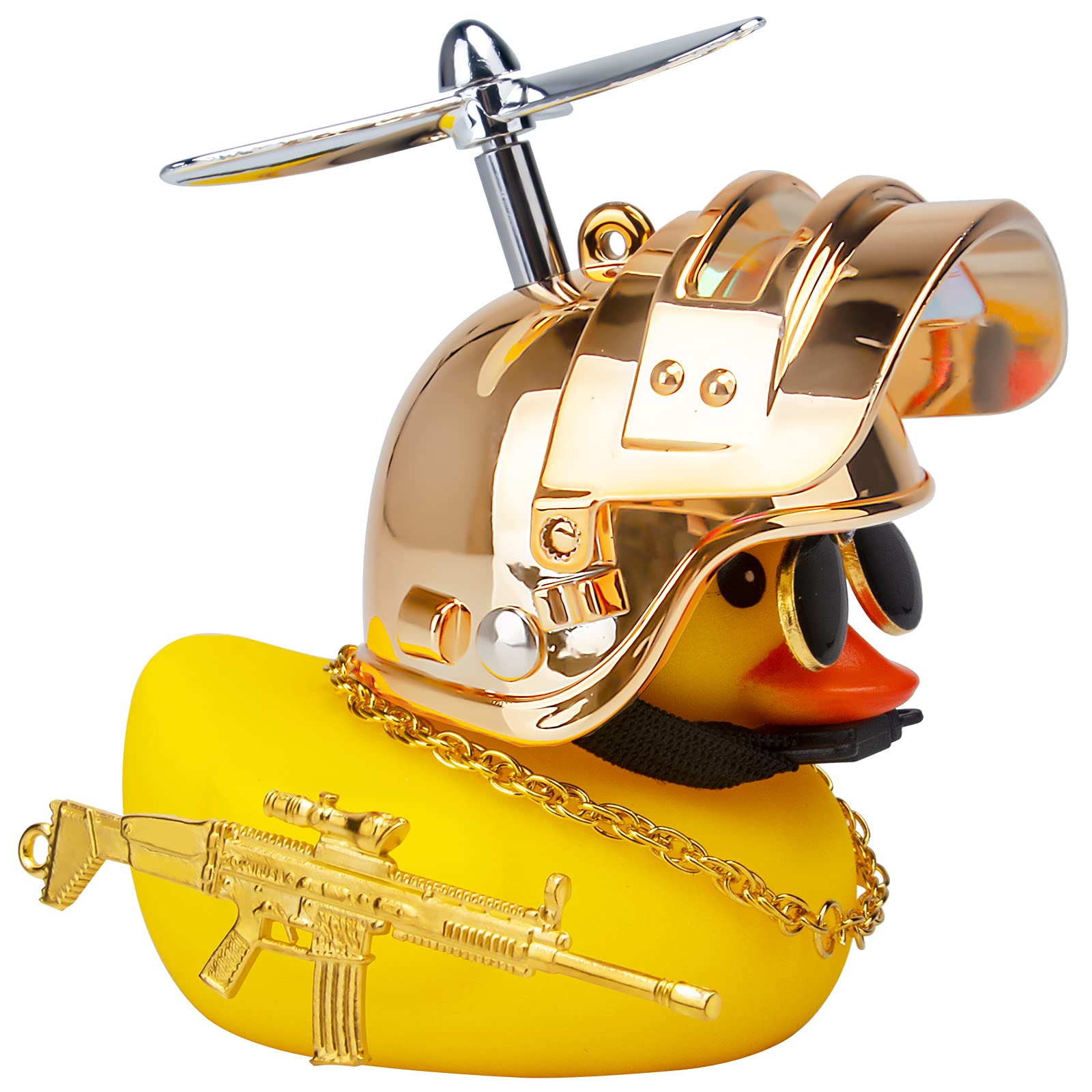 wonuu Rubber Duck Car Ornaments Cool Yellow Duck Car Dashboard Decorations Squeaky Glasses Duck with Propeller Helmet for Car ccessories Dashboard (Y-Gold)