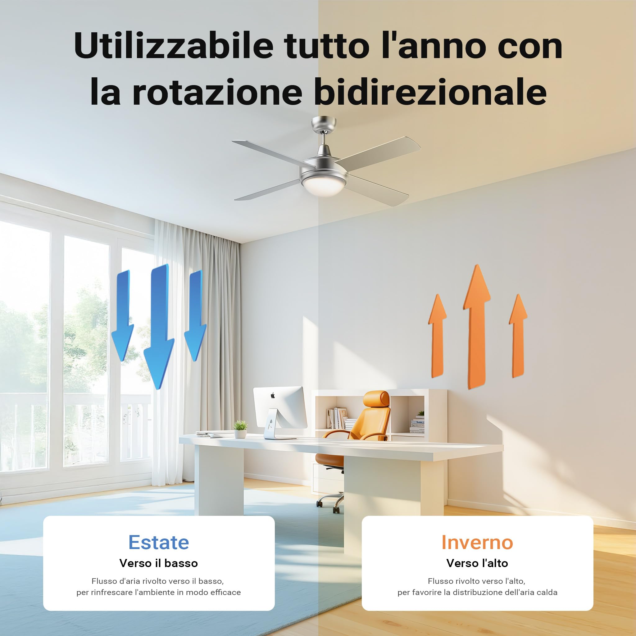 Wiltec Ventilatore da soffitto Ø 130 cm con 4 Pale, lampadario Ventilatore con 3 velocità, Telecomando, Timer, modalità Estiva e Invernale, 65 W
