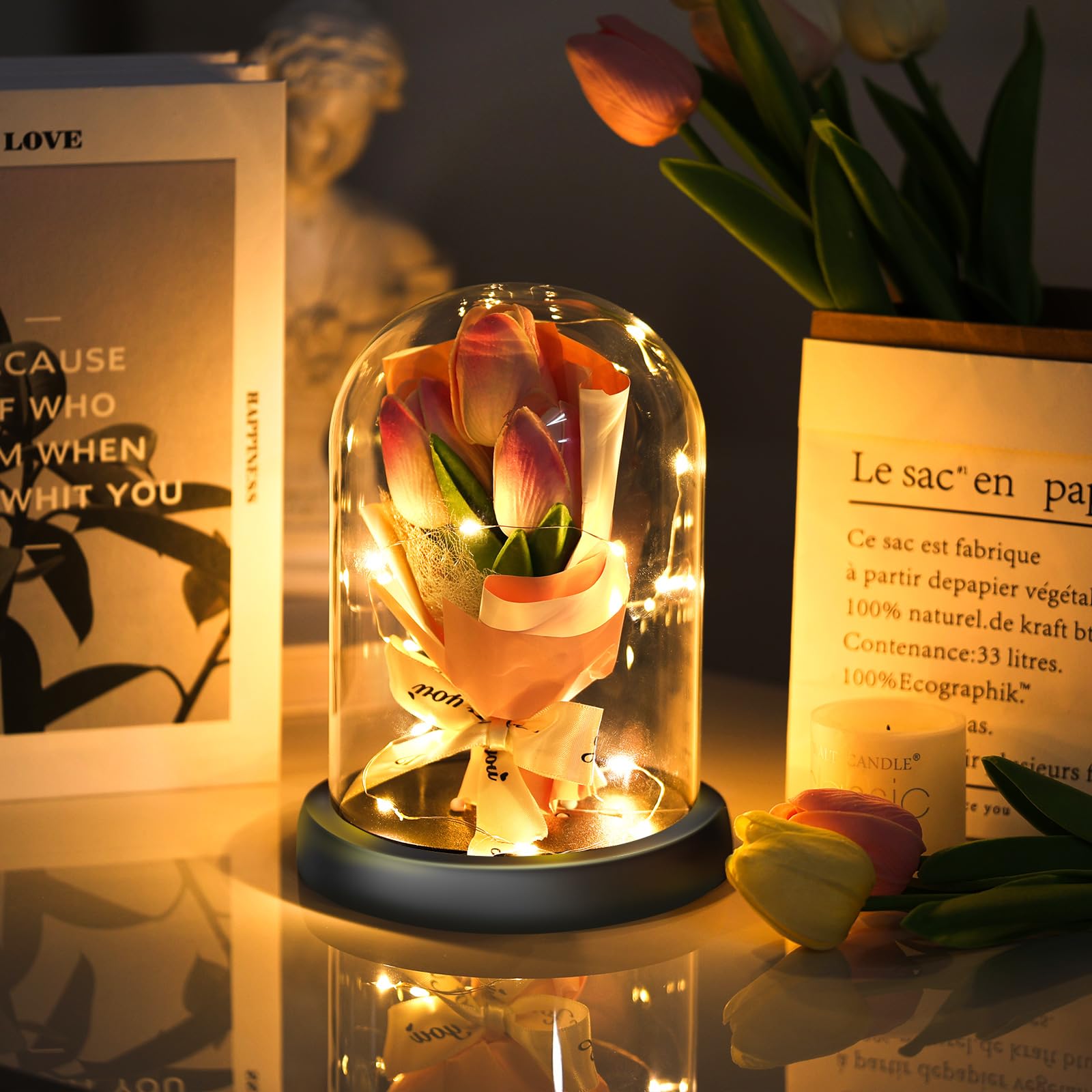 Fiore Artificiale Regalo di San Valentino per Donne, Idee Tulipani Regalo Donna, Romantico Kit di Tulipani Regalo Mamma Nonna, Regalo per Lei, Fiore Regalo Anniversario per Lei Idee Regalo Nascita