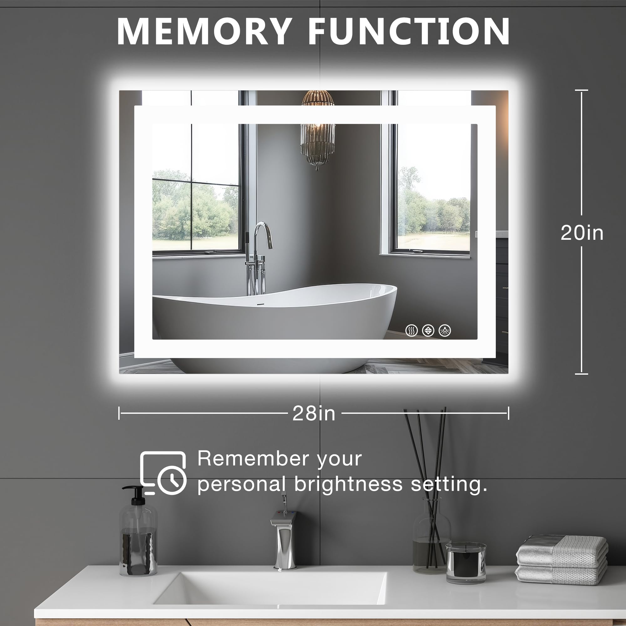 NEWBULIG Espejo de baño inteligente LED antivaho con luz frontal y retroiluminado, 3 modos de color, regulable, función de memoria, espejo rectangular moderno montado en la pared, blanco, 20 x 28