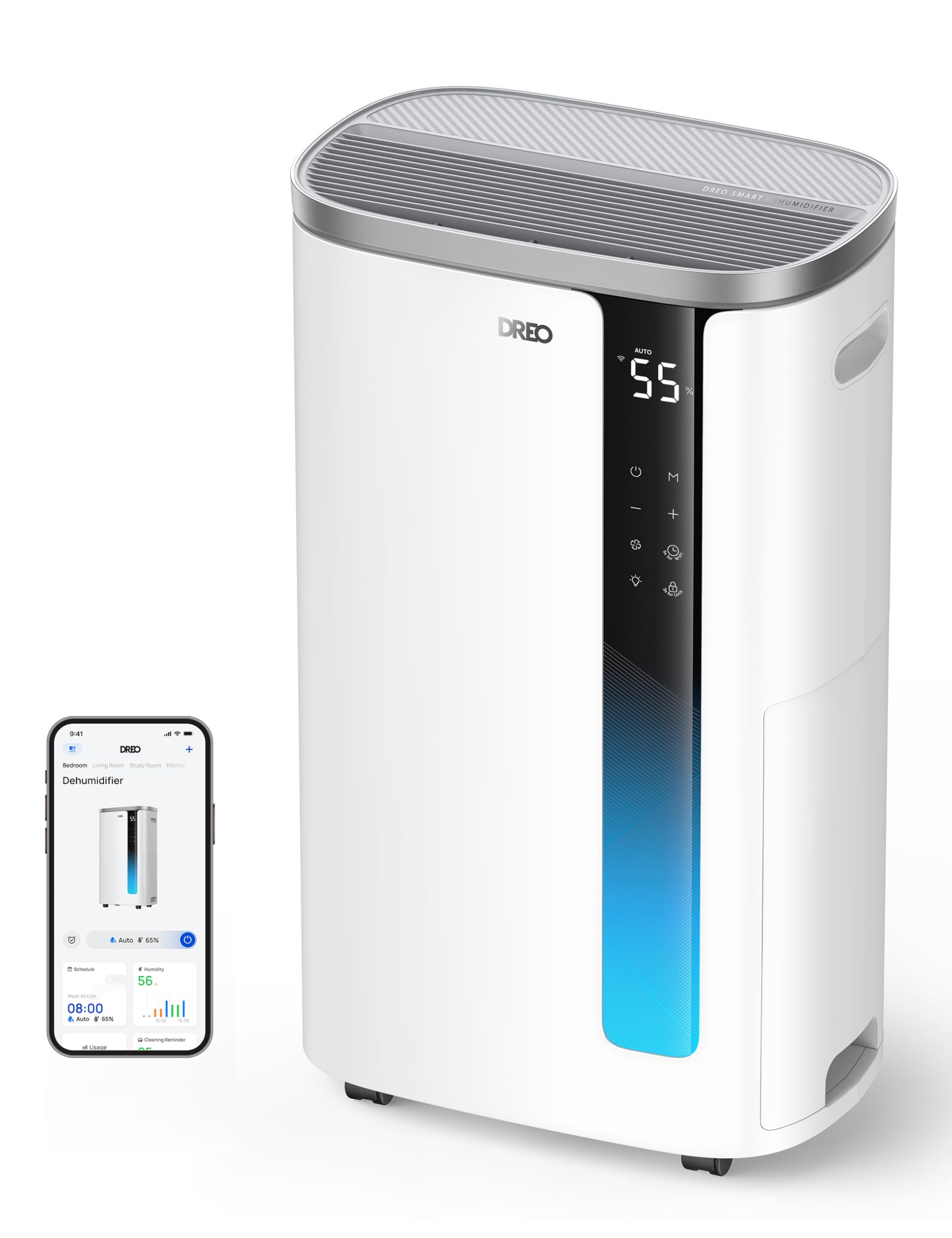 Deumidificatore intelligente DREO per camera da letto, bagno, cantina, 80 ㎡ | Deumidificatore silenzioso, 42 dB. 30 L/24 h, serbatoio da 7 L, controllo automatico dell'umidità, 3 velocità, timer
