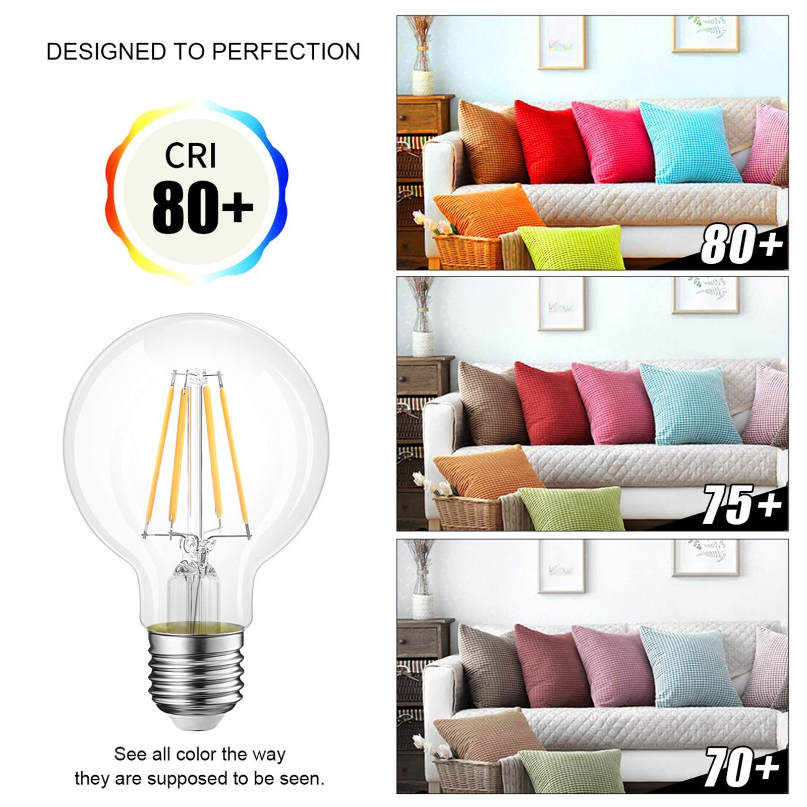 LED Boule de lumière Ampoule Edison Filament A60 Lampe 8W Équivalent 20-80W Clear Incandescent [Classe d'énergie A ++] 6pack
