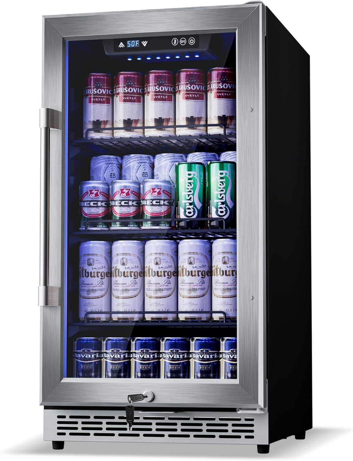 18 inch Glass Door Beverage Refrigerator – 160 Can Mini Fridge for Wine, Beer, Soda, Ideal for Home, Office, or Bar, Under Counter Built-In Design