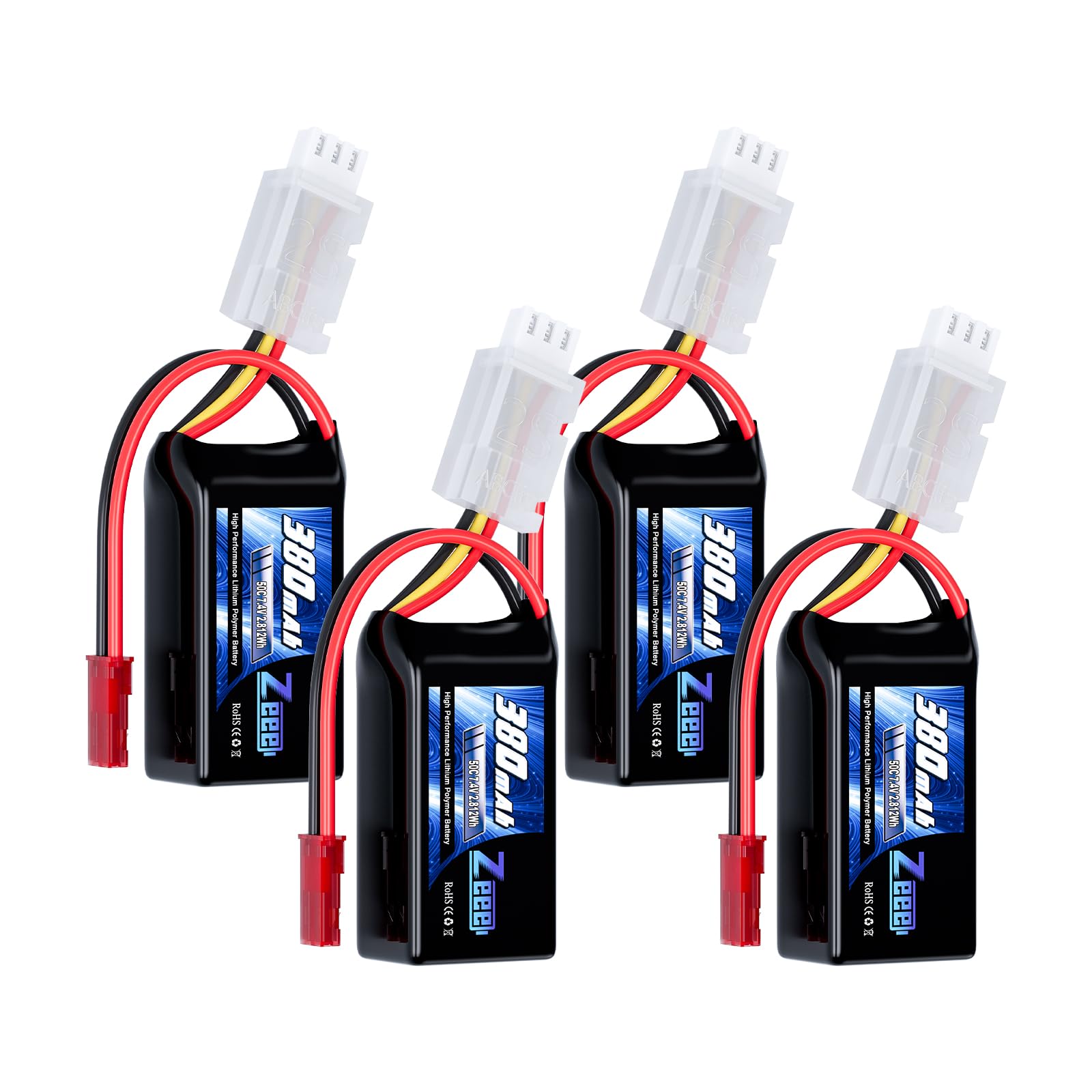 Zeee 2S Lipo Battery 380mAh 7.4V 50C RC Battery with JST Plug for Quadcopter UAV FPV Drone Racing Helicopter Airplane RC Boat RC Car RC Models(4 Pack)
