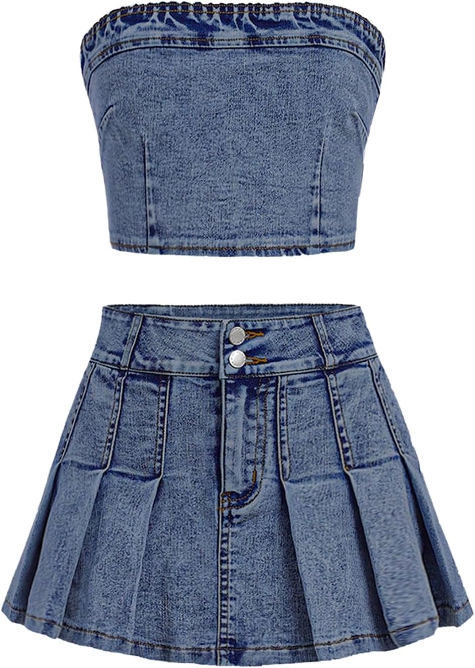 WDIRARA Girl's Y2K 2 Piece Outfits Bandeau Tube Tops Jeans Denim Sets A Line Pleated Mini Skirt Set