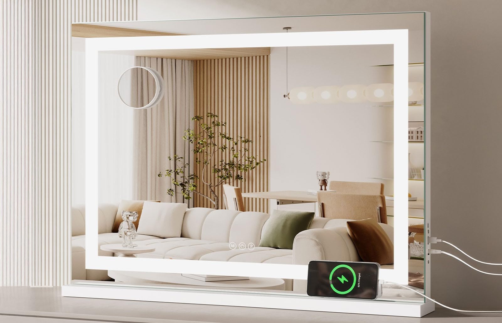 Espejo de Maquillaje con Luz LED 80x58cm - 3 Colores, Brillo Ajustable, Toque, USB-C, con Espejo de Aumento 10X, Pared/Mesa, Blanco