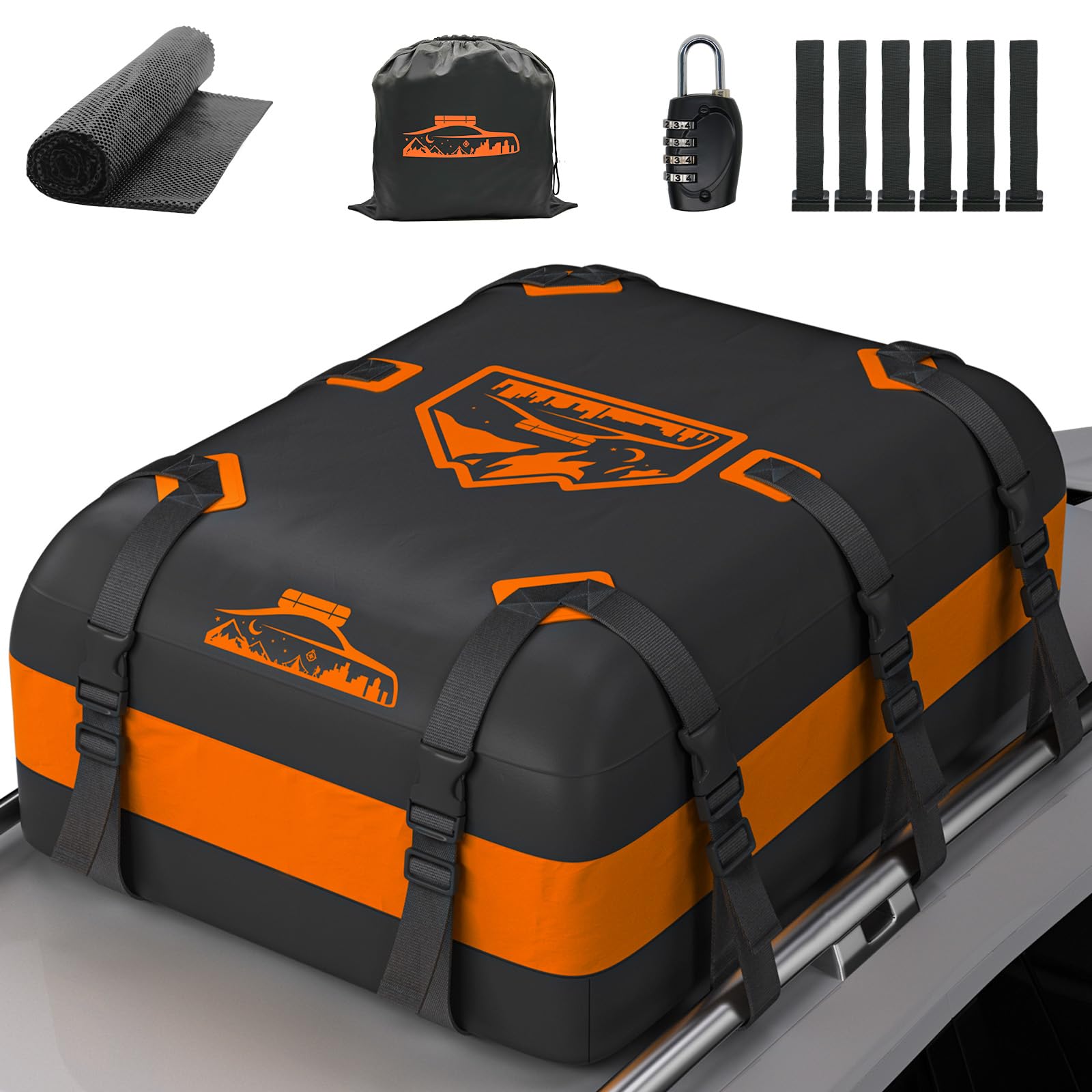 Rymopuey Dachbox Faltbar 15-21 Kubikmeter, 700D Wasserdicht Dachbox Auto, Dachbox mit Anti-Rutsch-Matte und 6 Hochleistung Riemen (20 Kubikmeter-Orange)