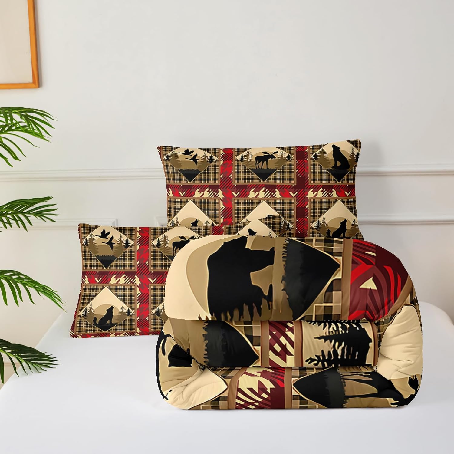 Red and Black Plaid Comforter Set Twin，Twin Size Bedding Set Animal Print，Rustic Farmhouse Quilt Bedding Sets Twin，with 1 Comforter with 2 Pillow Case