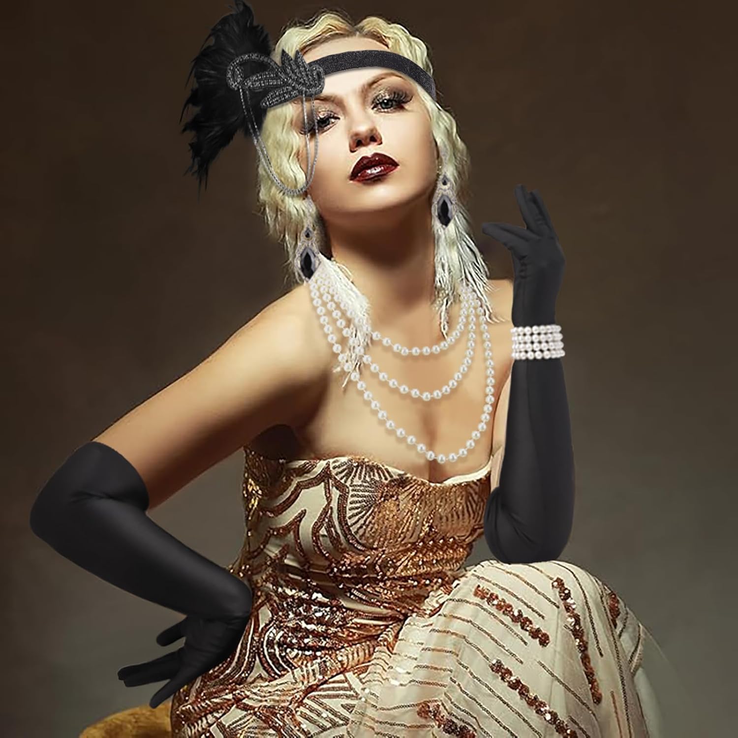 DRESHOW 1920s Great Gatsby Accessories Set for Women Flapper Costume Accessories Feather Headband Roaring 20s Accessories Set - Image 7