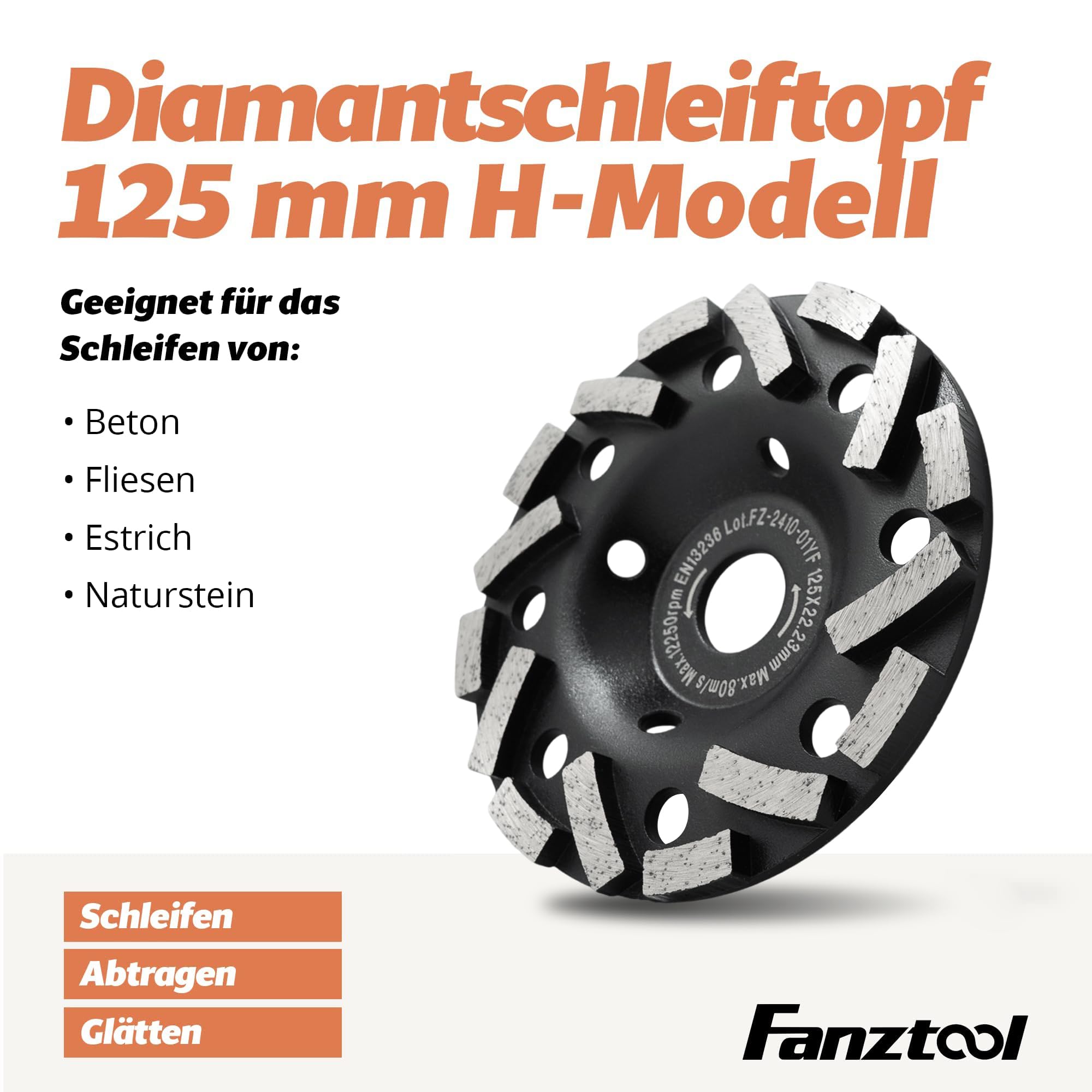 FANZTOOL Premium Diamentowa Tarcza Garnkowa ścierna 125 mm x 22,2 mm do ściernych Materiałów Budowlanych, Jastrychu, Tynku, Asfaltu