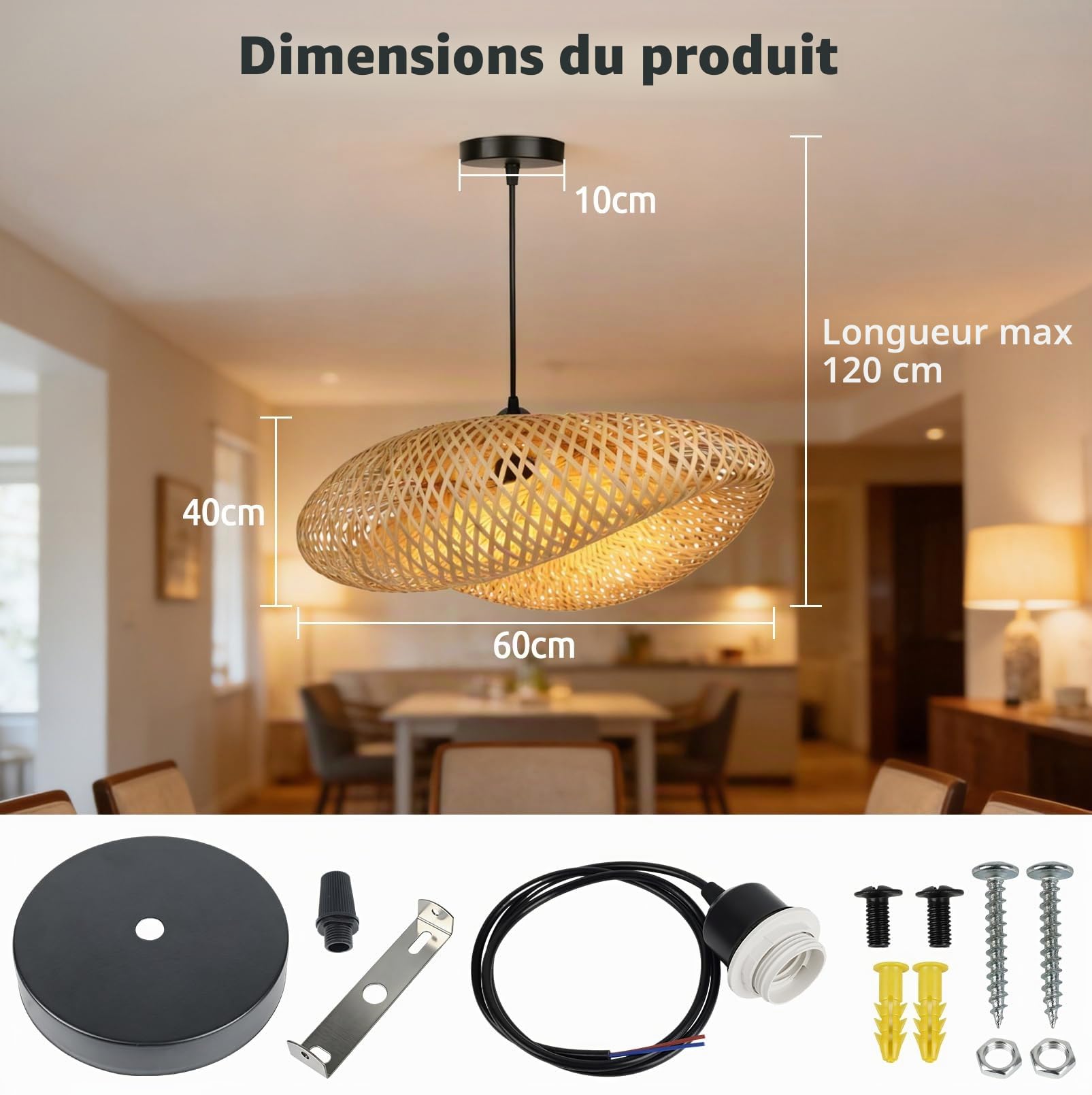 JAOGAUS Suspension en Bambou, Diamètre 60 cm, Ampoule non Incluse