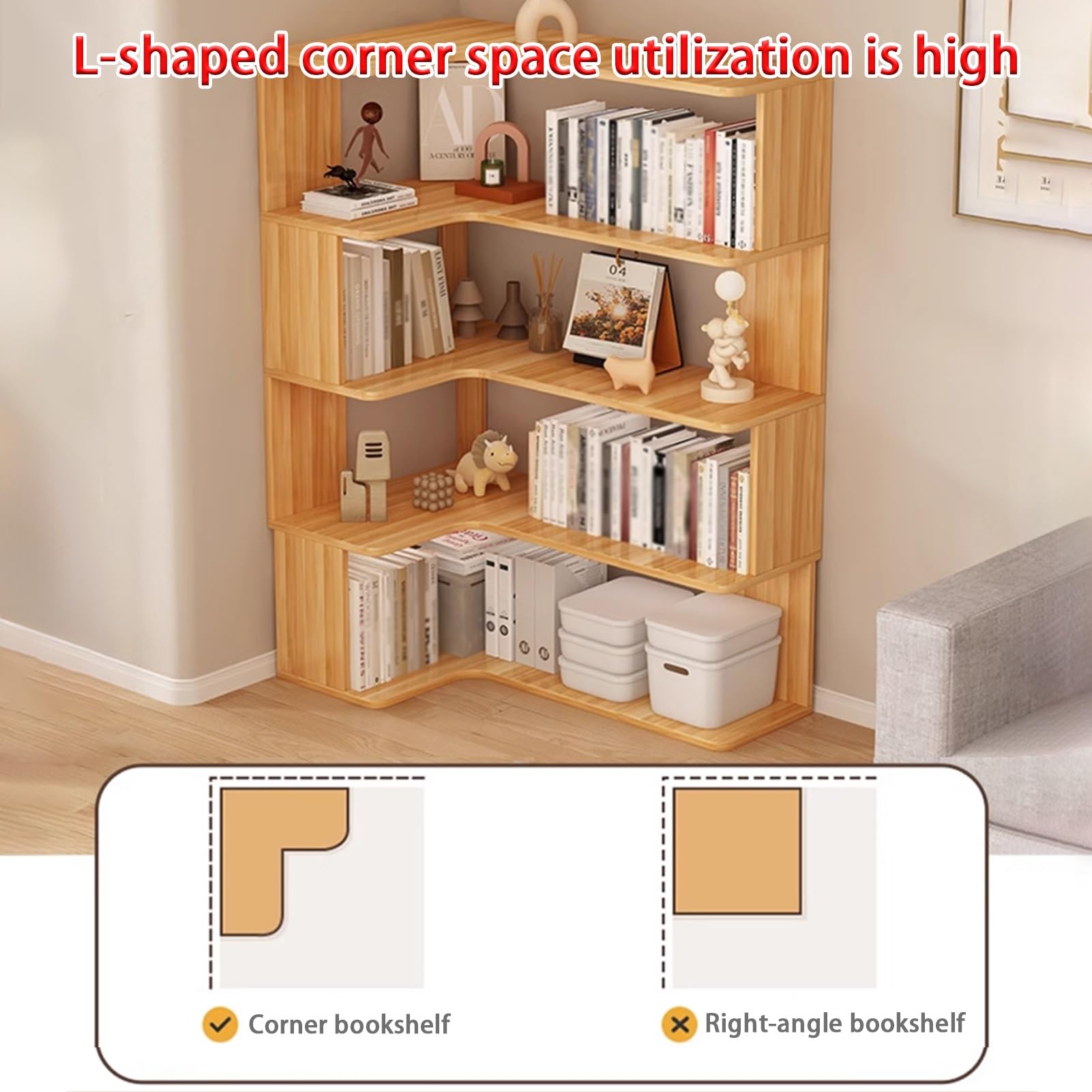 Libreria angolare a forma di L, mensola angolare per soggiorno, con ripiani e design con retro aperto, per ufficio, cucina, camera da letto (bianco, 160 cm)