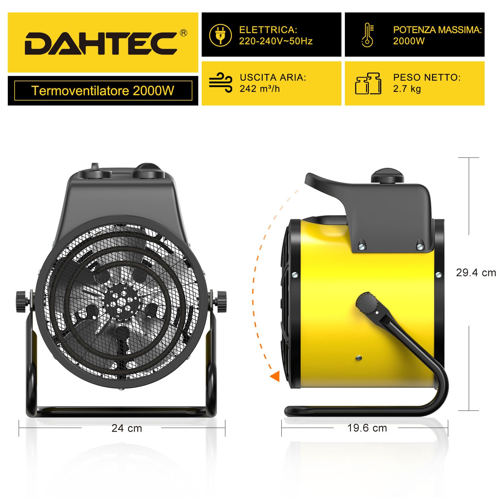 Stufa Elettrica 2000W - Termoventilatore - Radiatore Elettrico Basso Consumo - Termostato e Protezione da Surriscaldamento - per Casa, Bagno o Officina