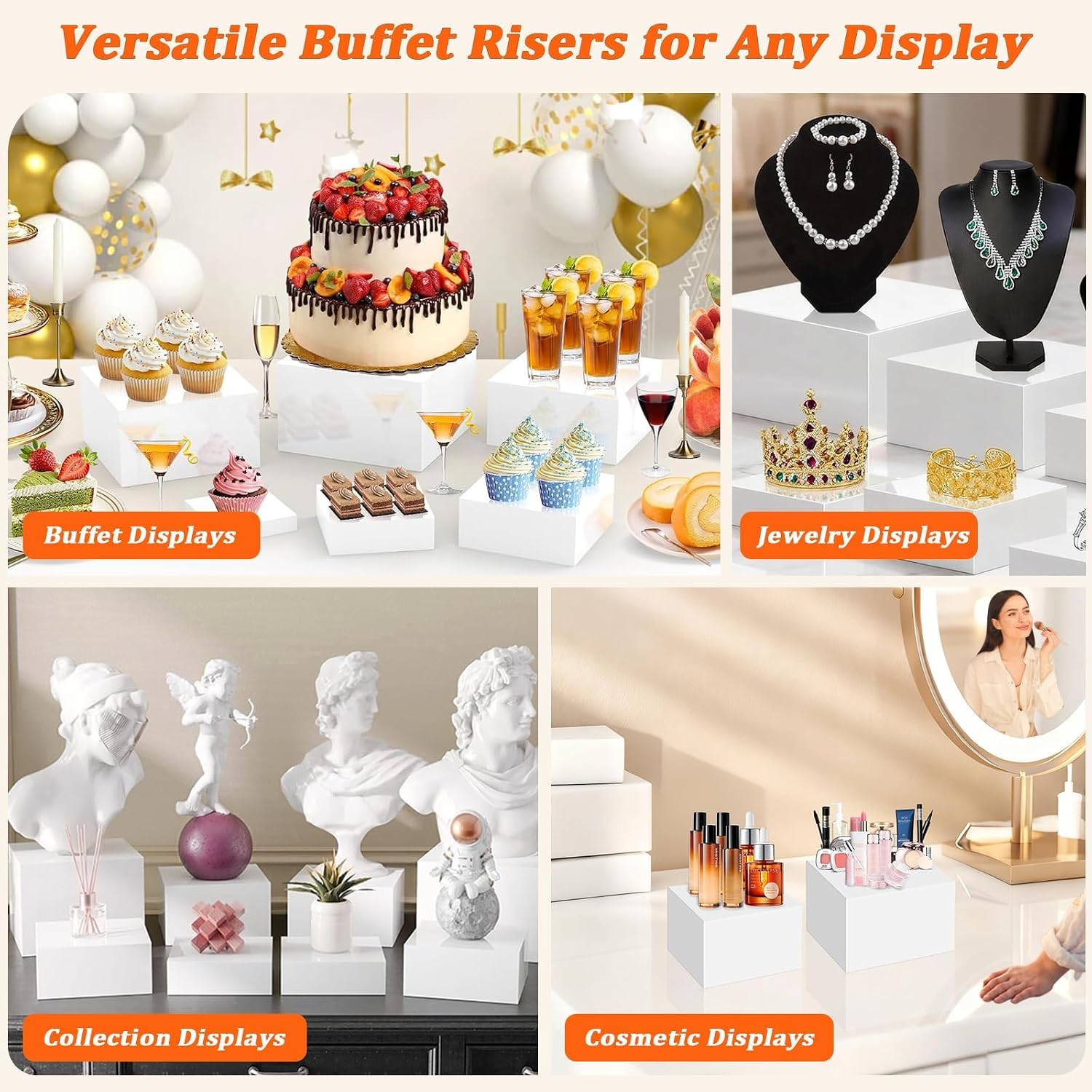 Soporte de Pastelería Decorativos, Juego de 8 oporte Exhibición de Alimentos para Buffet, Soporte Tartas, Mesa Dulce Accesorios para Bodas/Fiestas/Eventos, Blanco