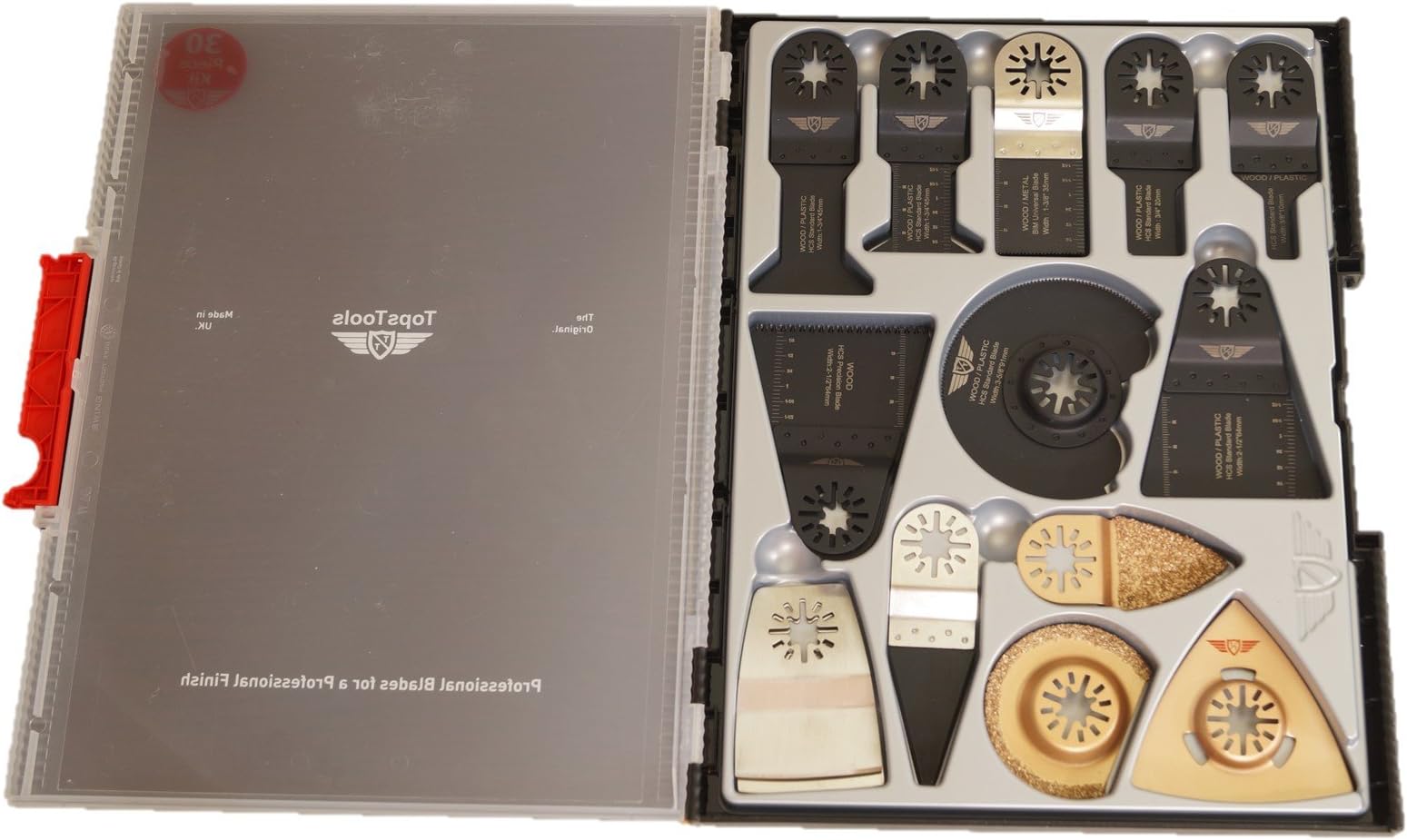 25 x TopsTools SW_UNK25 Mix Blades Case Box Set Compatible with Bosch Fein (Non-StarLock) Makita Milwaukee Einhell Ergotools Hitachi Parkside Ryobi Worx Workzone Multitool Multi Tool Accessories