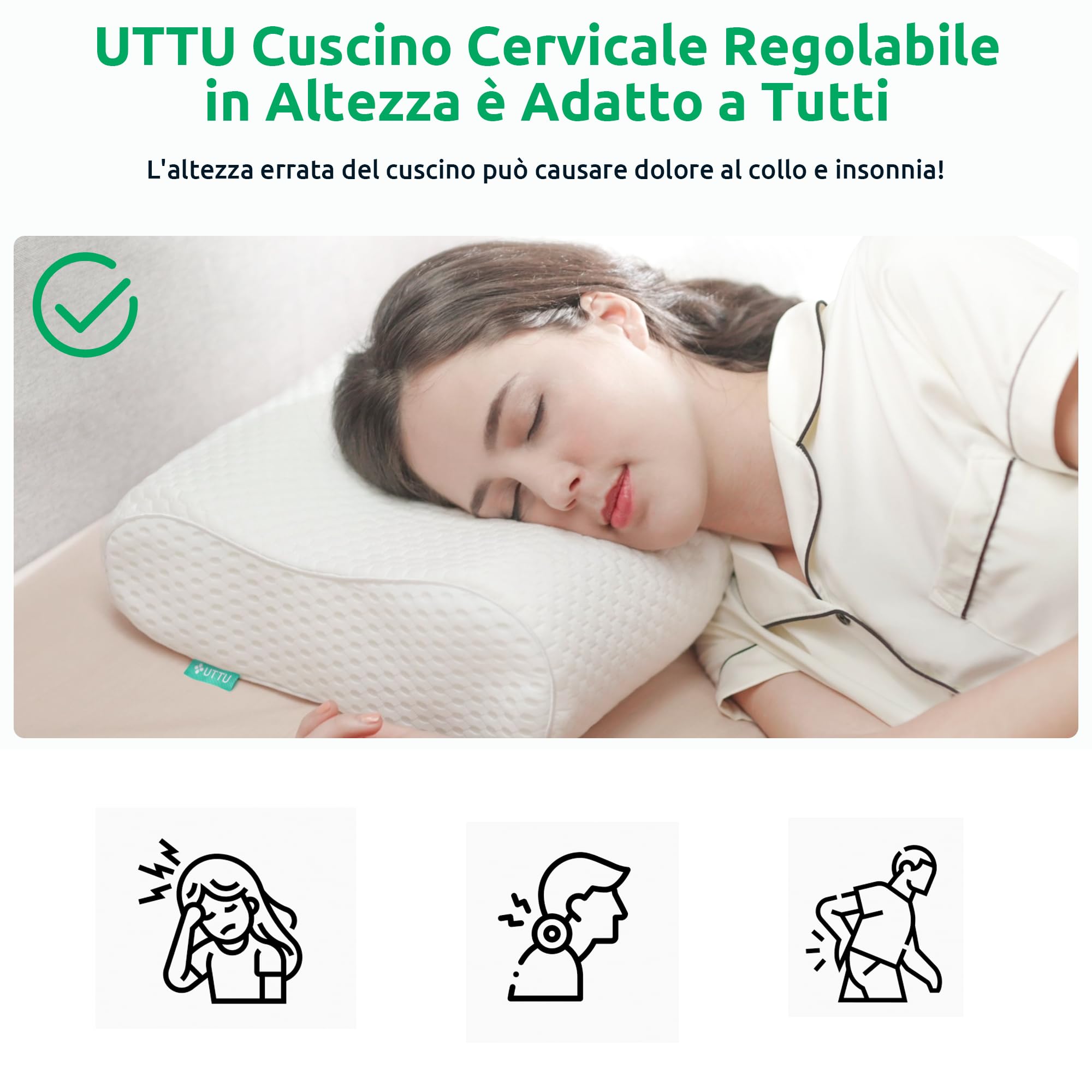 UTTU Cuscino Cervicale Memory, Cuscino e Fresco, Guanciale Letto in Memory Foam Ergonomico a Collo e Cervicali, Altezza Regolabile, Federa Morbida di Bambù Rimovibile e Lavabile