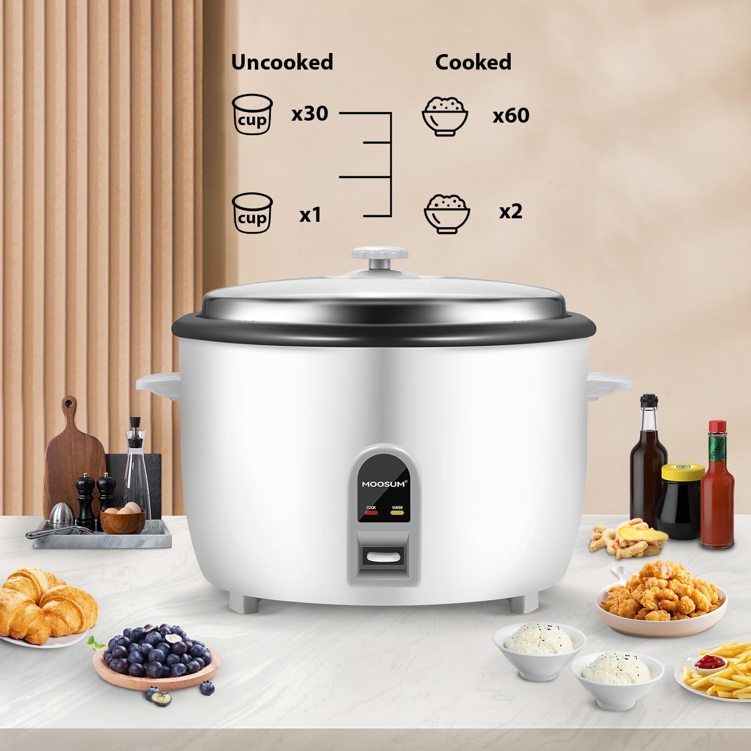 Commercial Rice Cooker, Large Capacity 30-Cup (UnCooked), 60-Cup (Cooked) with One Touch Operation and 12-Hour Keep Warm, Easy to Use and clean, 1600W, White image 5
