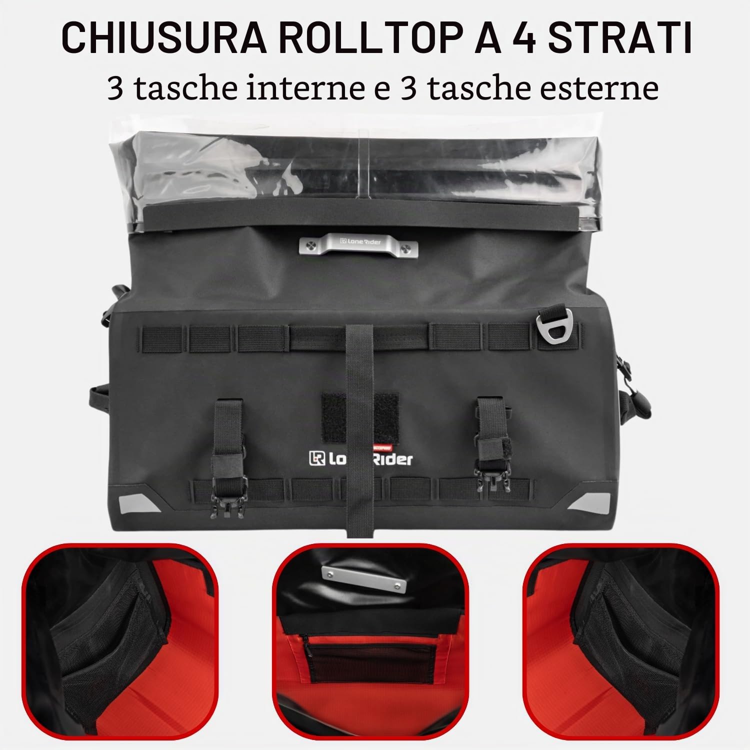 Lone Rider Overlander 30L Borsa Moto Impermeabile, Borsone Posteriore Espandibile per Portapacchi con Sistema MOLLE, Vano Portaoggetti Beavertail e Chiusura Arrotolabile