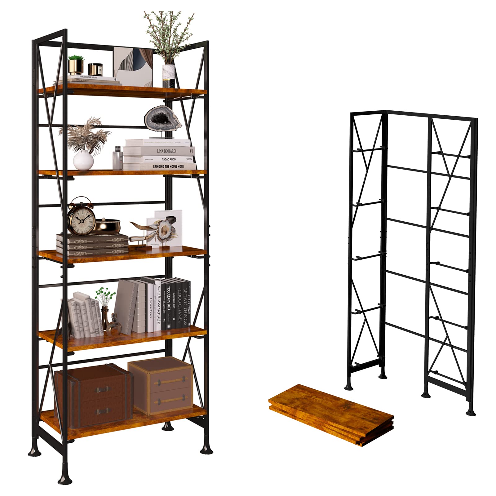 Borzer Folding Bookshelf 5 Tier Wooden Bookcase with Metal Frames No Assembly Storage Shelves Stand Book Rack Organizer for Home Office Study 49.2-inch(Rustic Brown)