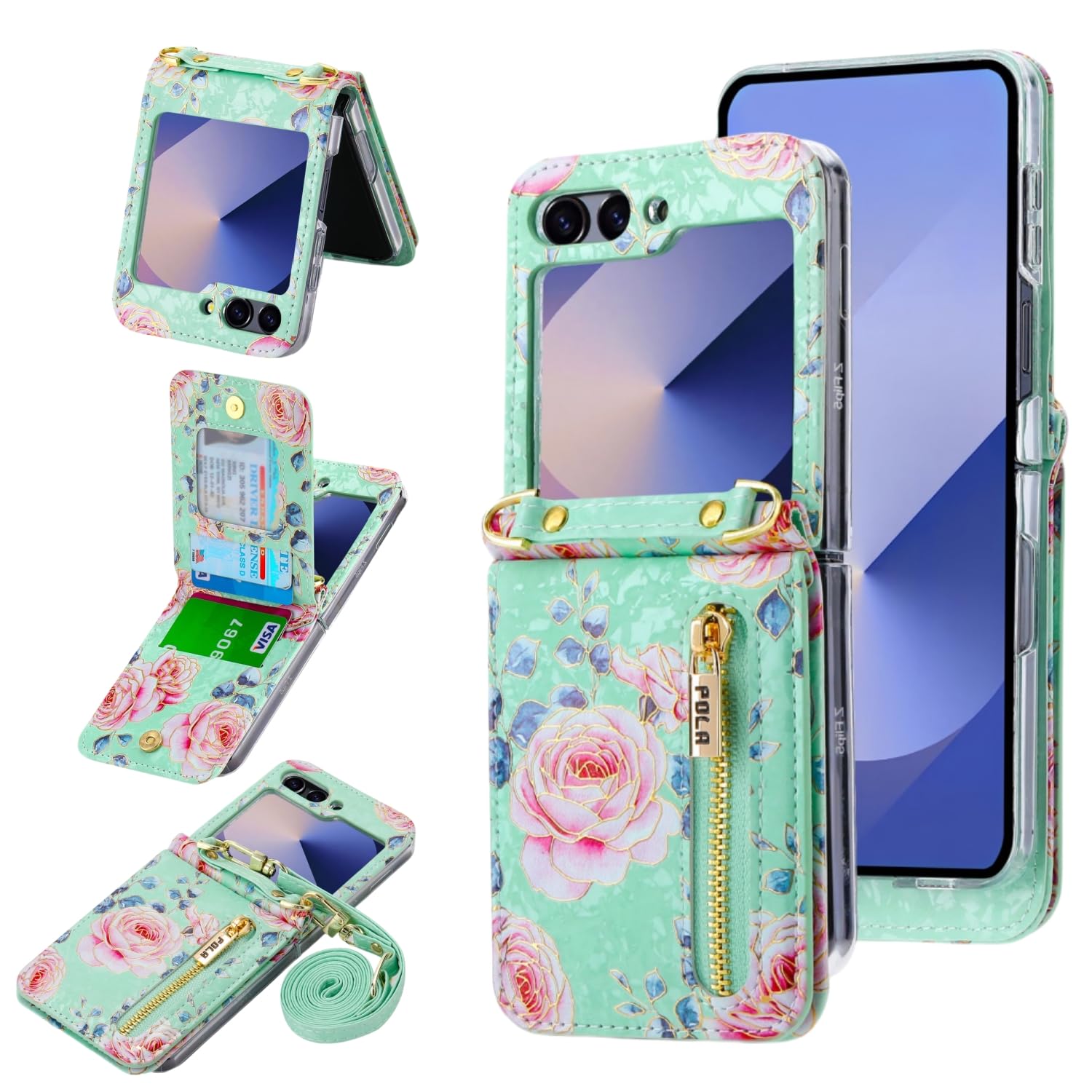 AJDJTEN Phone Case for Samsung Galaxy Z Flip 6/Flip 7 FE Wallet Phone Cover, Zipper 4 Card Slots with Adjustable Crossbody Strap with Kickstand, Cute