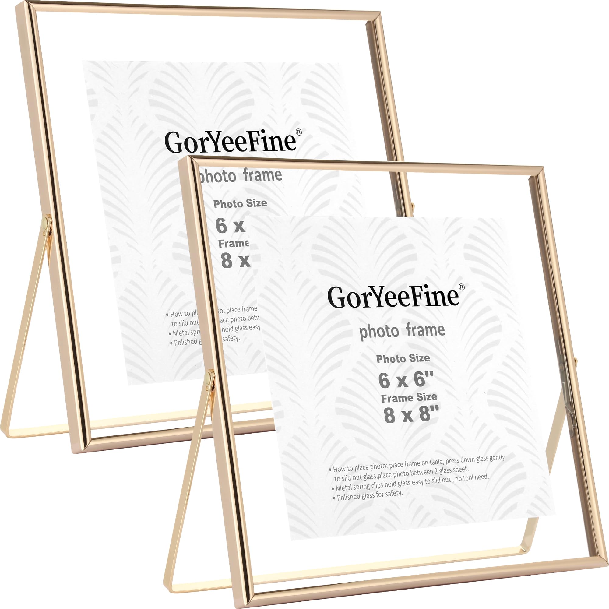Gold 8x8'' Floating Frame Set of 2,For Photo Sizes(5x5'' or 6x6''),Beautiful Metal Beaded Frames Adjustable Tabletop/Shelf Photo Frame,Classy Gift Choice for Wedding,Birthday Decor