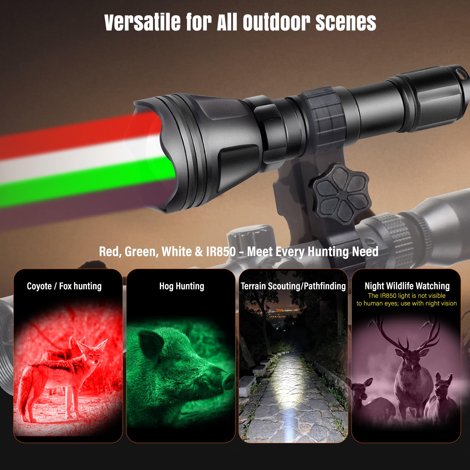 KL52 MAX Torcia elettrica da caccia super luminosa a lungo raggio Zoomable Predator Light con LED IR850 rossi verdi bianchi Supporto interruttore a pressione continuo per Coyote Hog Varmint