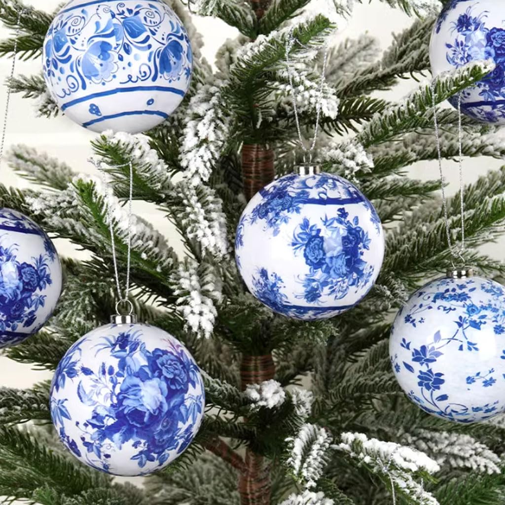 SYALEO Ornements de Boule de Noël de Style Chinois Ornements de Boule Suspendue à Motif en Porcelaine Bleue et Blanche 14 pièces 75 mm / 2,95 '' Boules de Noël pour Arbre de Noël