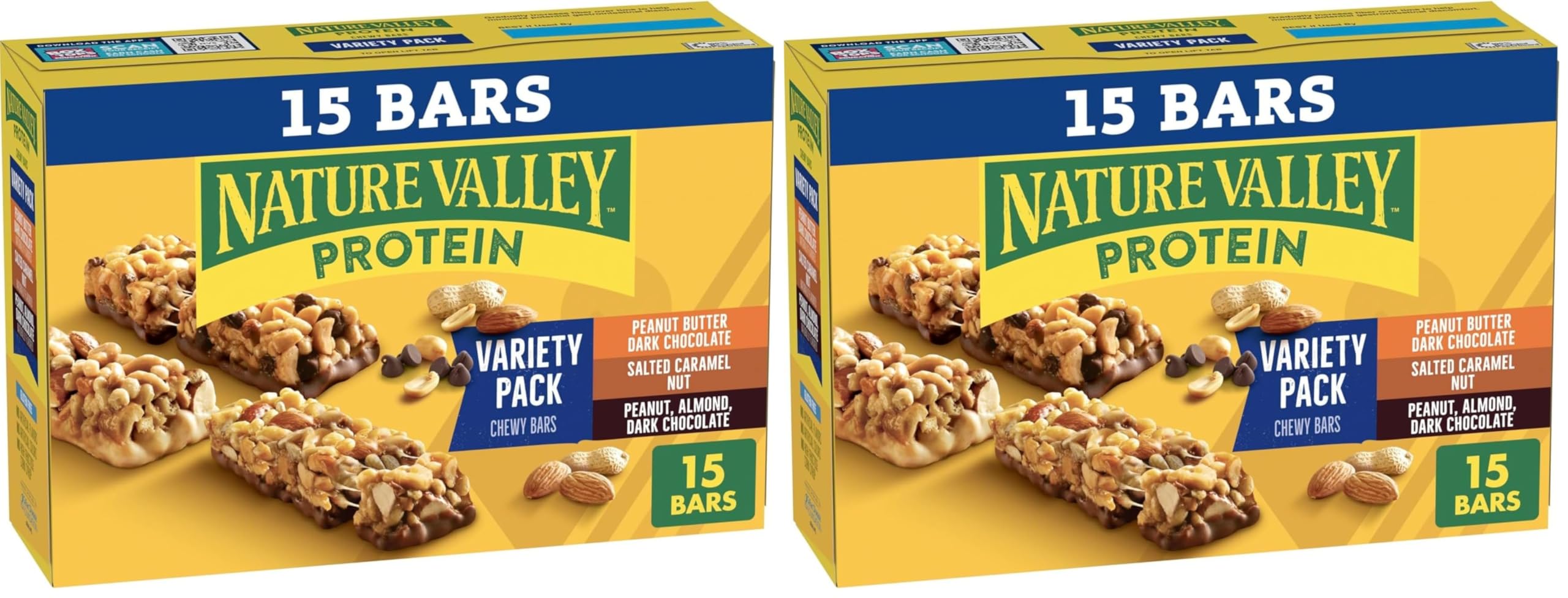 Nature Valley Protein Bars Variety Pack, Gluten-Free Chewy Granola Snack Bars with 10g Protein, Peanut, Dark Chocolate, Salted Caramel, Peanut Almond Dark Chocolate, 15 Count, 21.3 oz (Pack of 2)