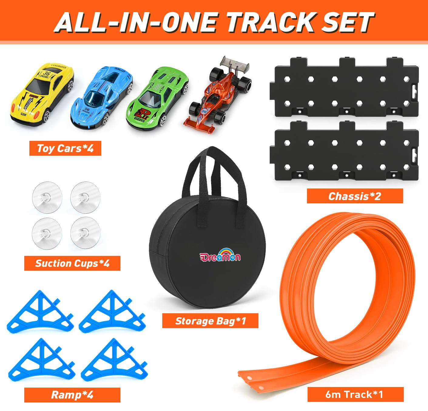 Dreamon 6 Metri Piste Macchinine per Bambini 3 4 5 6 Anni Pista Flessibile Macchinine con 4 Macchinine 2 Rampe 1 Borsa Portaoggetti 4 Ventose Regalo per Bambino e Bambine