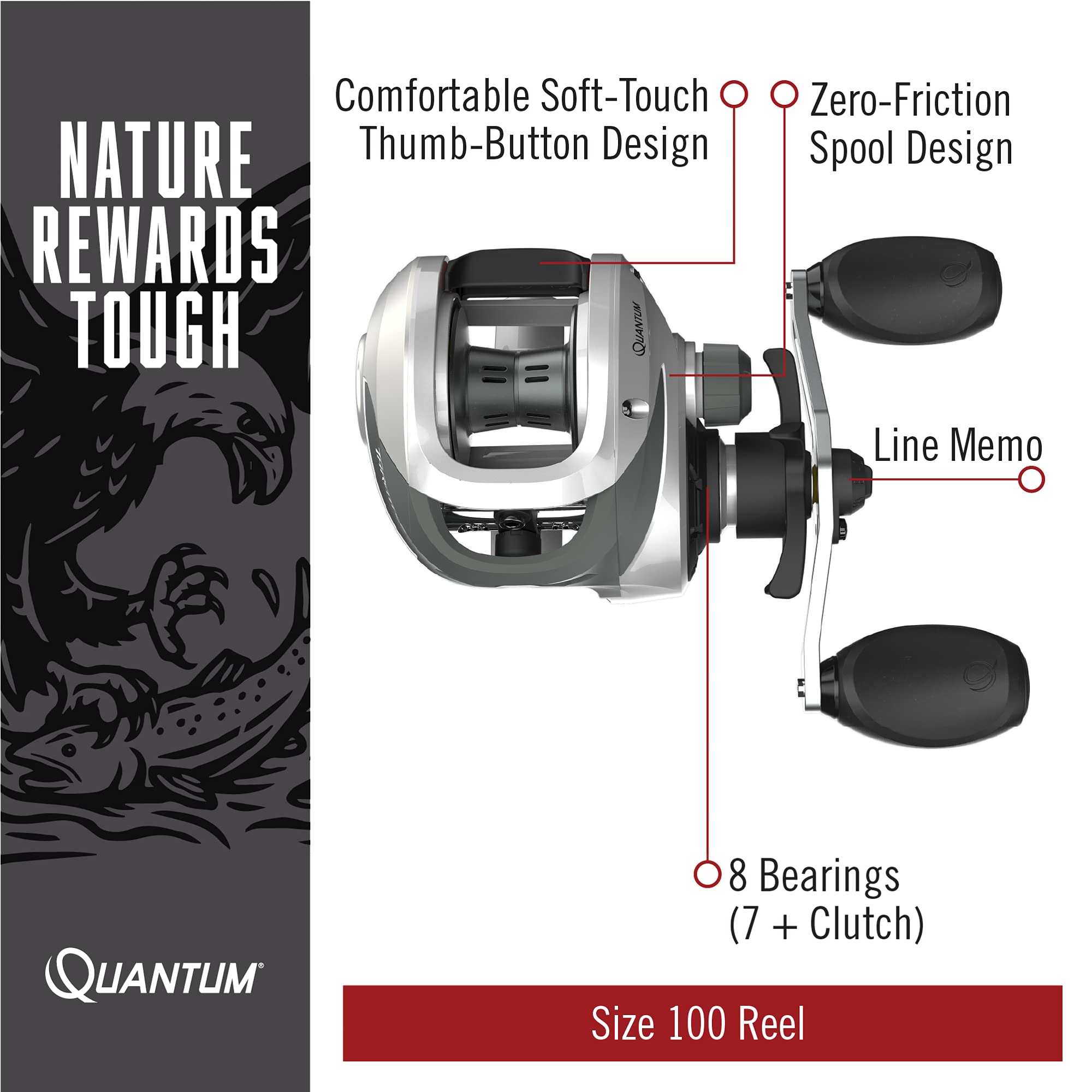 Quantum - Carrete de Pesca con Acelerador, rodamientos de Bolas 7 + 1 con una relación de Engranaje Suave y Potente 7.3:1, piñón de Cero fricción, Control de fundición DynaMag y pomos de Mango