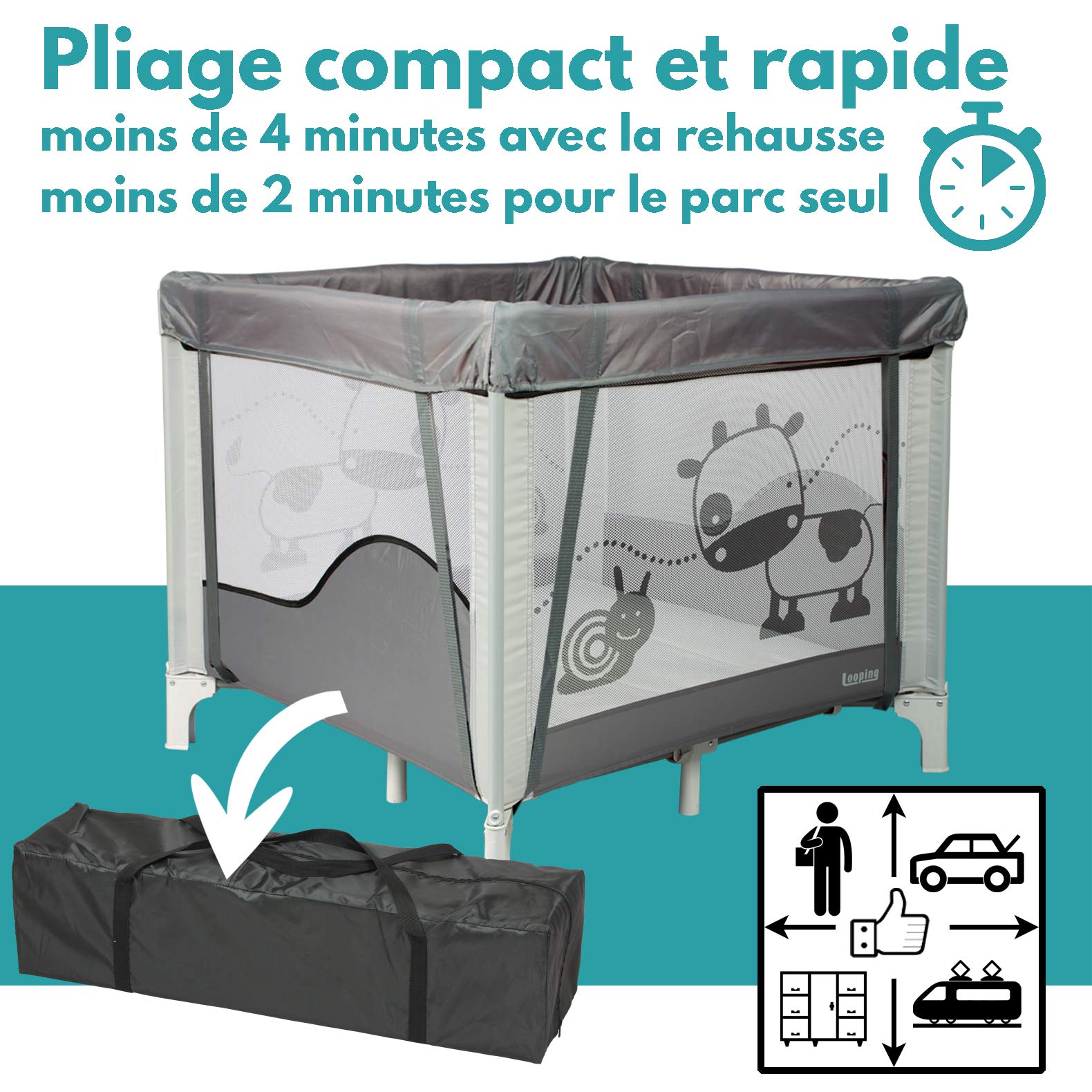 Looping - Parc Bébé Pliable 90 x 90 cm Black Emotion | Avec Réhausseur et Réglable sur 2 Niveaux, Sac de Transport Inclus | Pour Bébé & Enfants jusqu'à 15kg