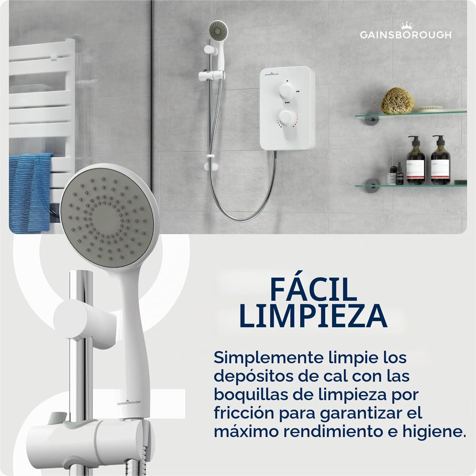 Gainsborough Slim Mono - Ducha eléctrica de 8,5 kW, color blanco, 1 modo de pulverización, cabezal ajustable, con manguera, boquillas de limpieza IPX4