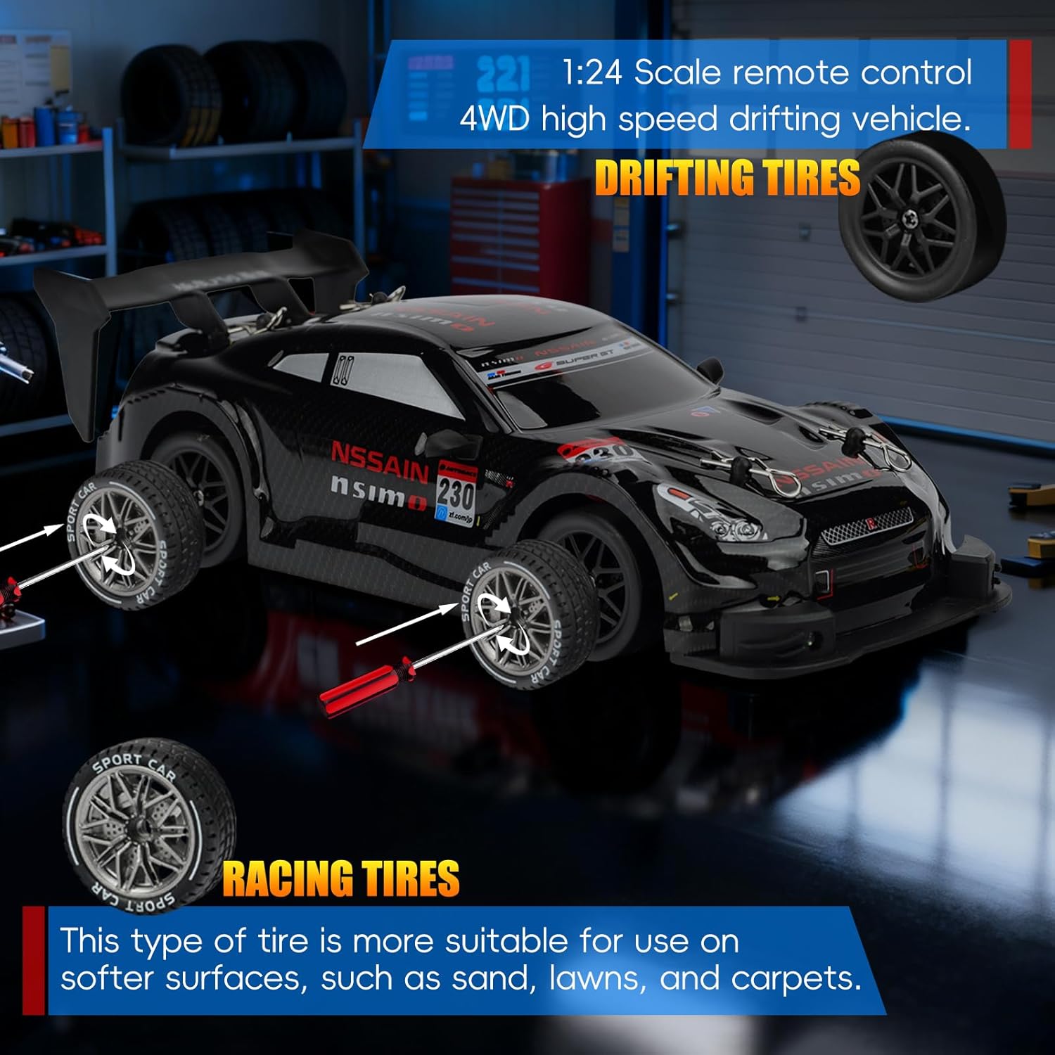 RC Drift Car, 1:24 Scale Remote Control Drift Cars, 2.4GHz 4WD Drifting Cars, 30km/h High-Speed RC Race Car Vehicle, Racing Sport Toy Ideal Gift for Boys Girls Kids
