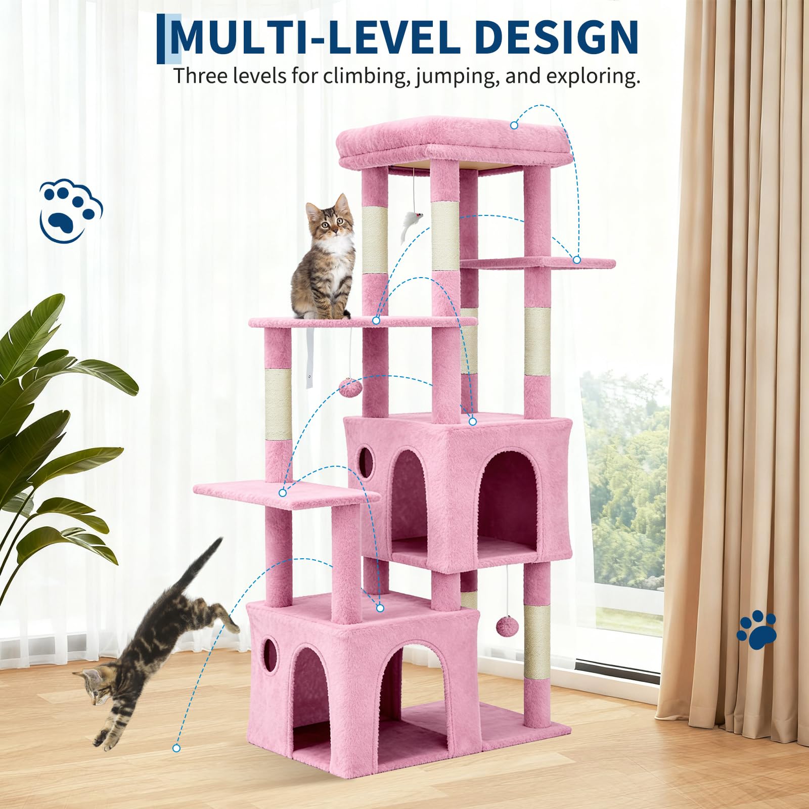 Garvee Arbre à Chat 157cm Stable pour Grands Chats et Maine Coon – Grand Plateforme, 2 Condos spacieux, poteaux à griffer en sisal Naturel, Jouets Suspendus, Multi-Niveaux pour Plusieurs Chats – Rose