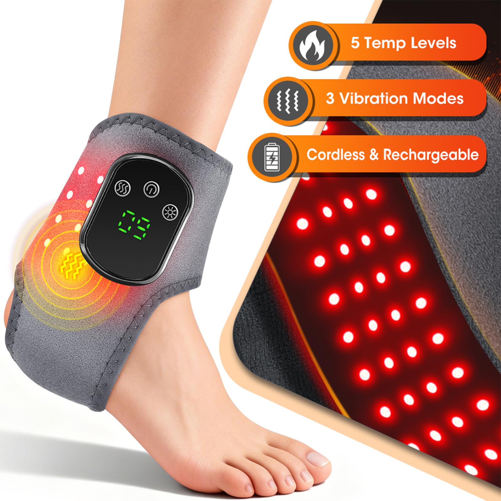 3 en 1 Masajeador de Pies y Tobillos Inalámbrico con Calor, Luz Roja y Vibración, Portátil Eléctrico tobillera masaje para fascitis plantar Regalo para Relax Diario