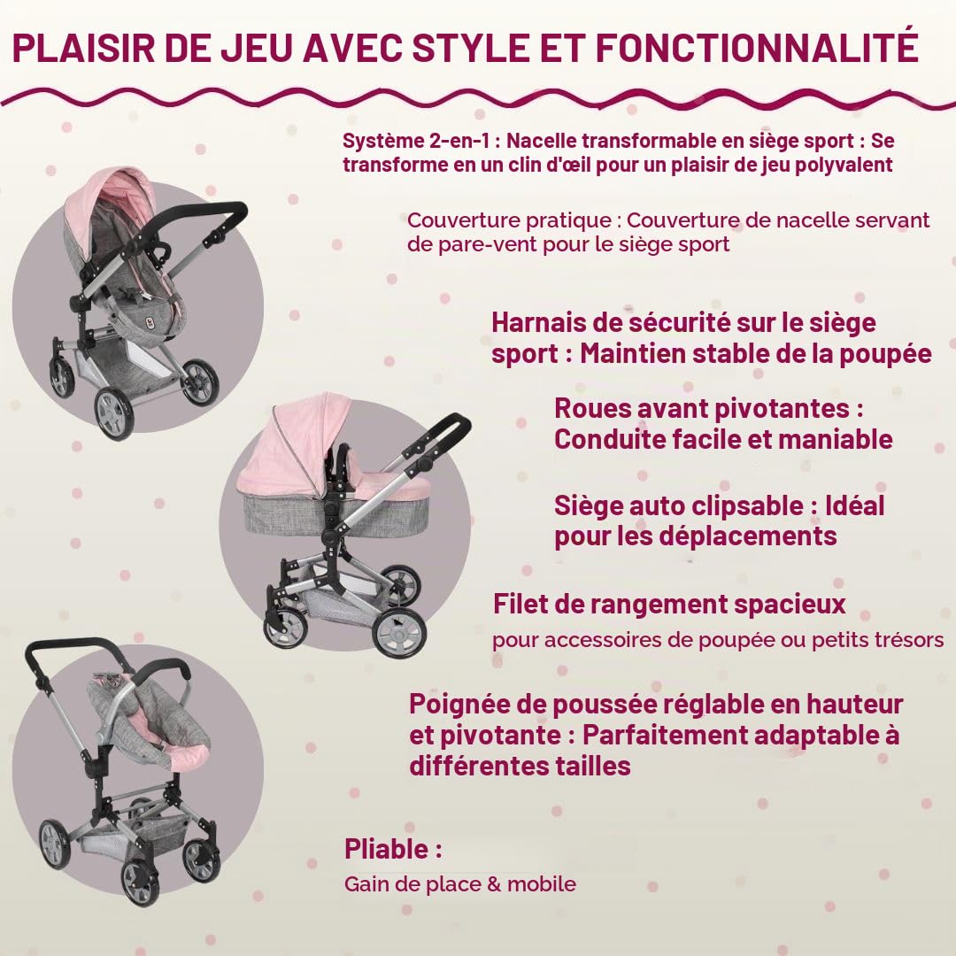 Bayer Chic 2000 Poussette poupée 3 en 1 Linus Pliable réglable