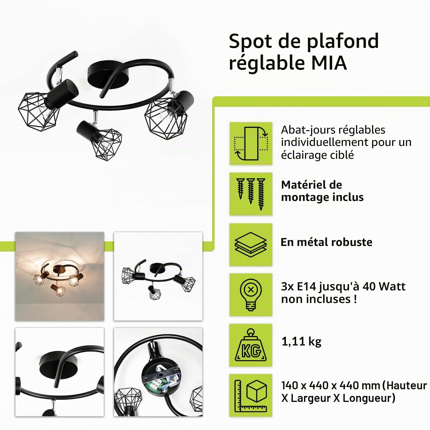 Easylight Plafonnier avec 3 spots orientables en métal noir 3x E14 compact chambre salon cuisine couloir plafonnier intérieur spot spot