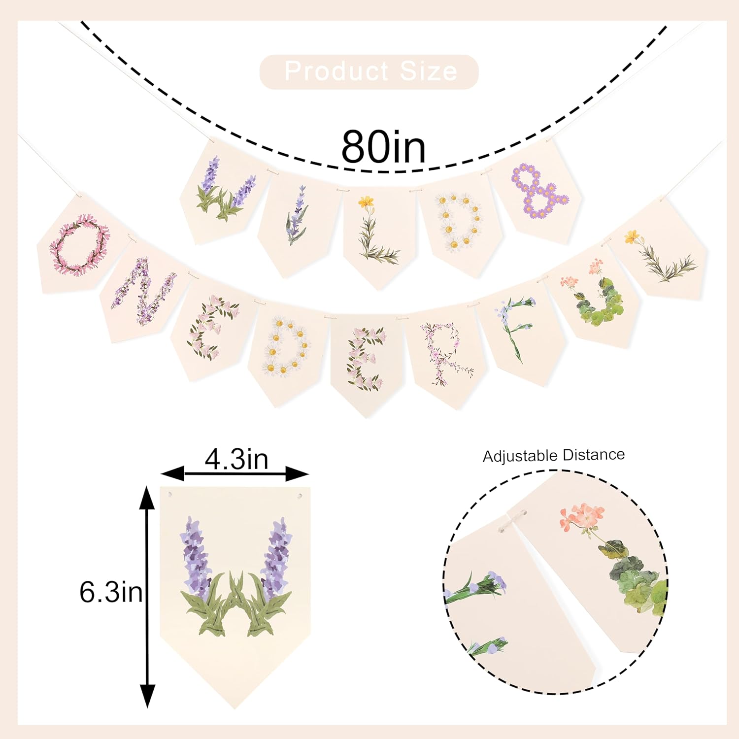 Wild and Onederful Hanging Banner - Wild One Baby Girl Birthday Banner, Wildflower Baby Shower Party Decorations, Market Farmers Birthday Party Supplies, Cake Smash Photo Props - Image 2