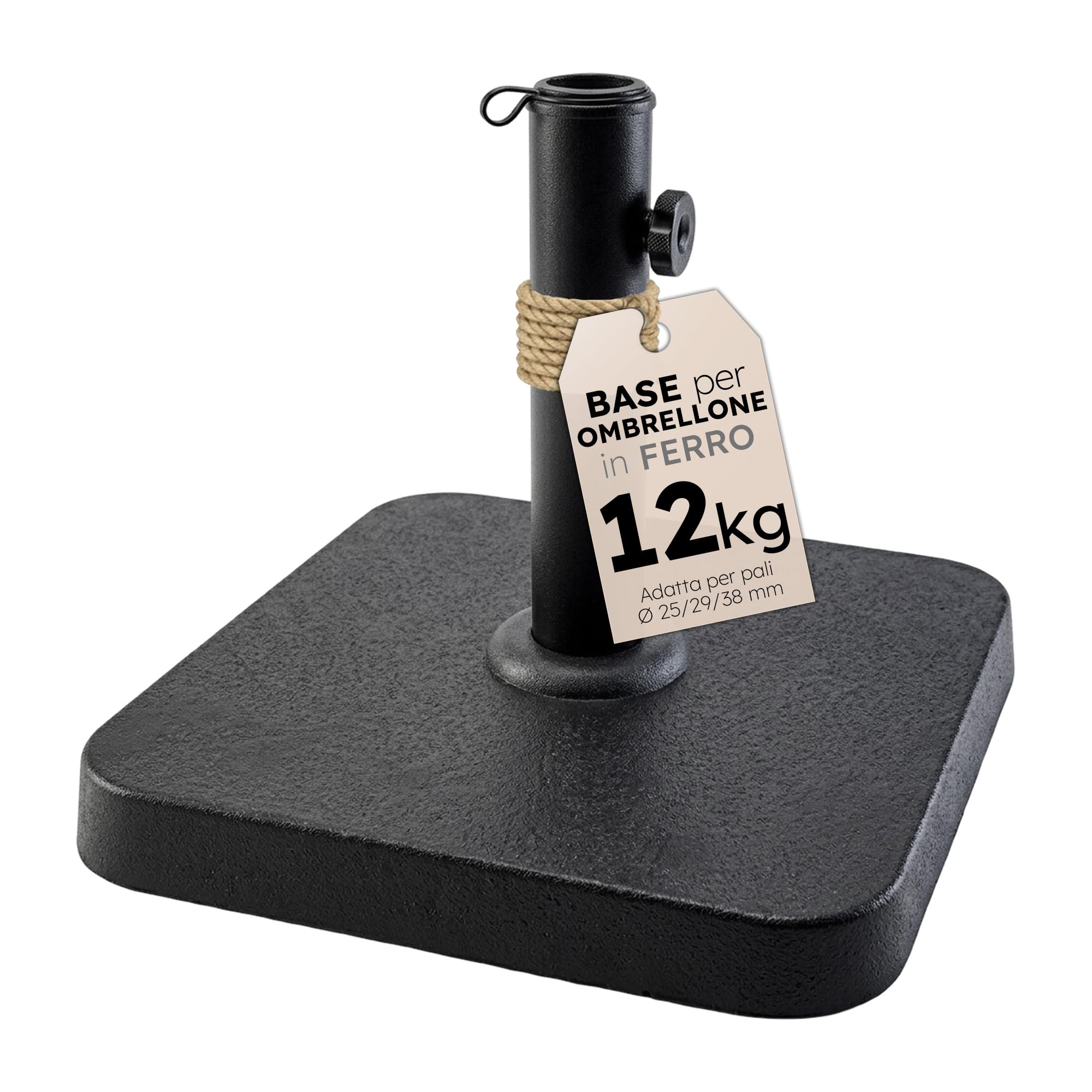 Sicignano Base per Ombrellone in Ferro 12 kg Quadrata Nera con Serraggio Laterale e Riduttore per Palo Centrale da Giardino Balcone Terrazzo 35 x 35 cm 25 29 38 mm
