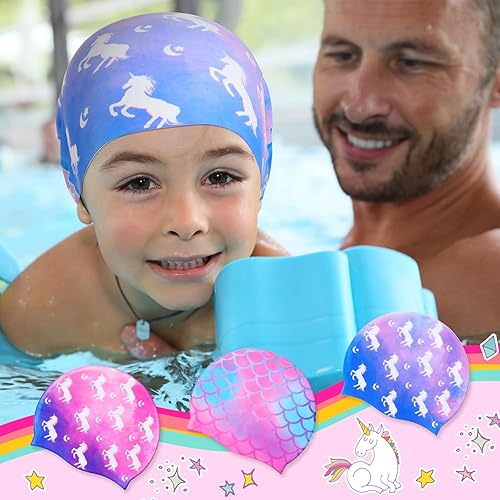 Miniatura 7 de Syhood Gorras de natación para niños, 3 unidades, impermeables, gorro de natación de dibujos animados para cabello largo y corto, para niños y niñas
