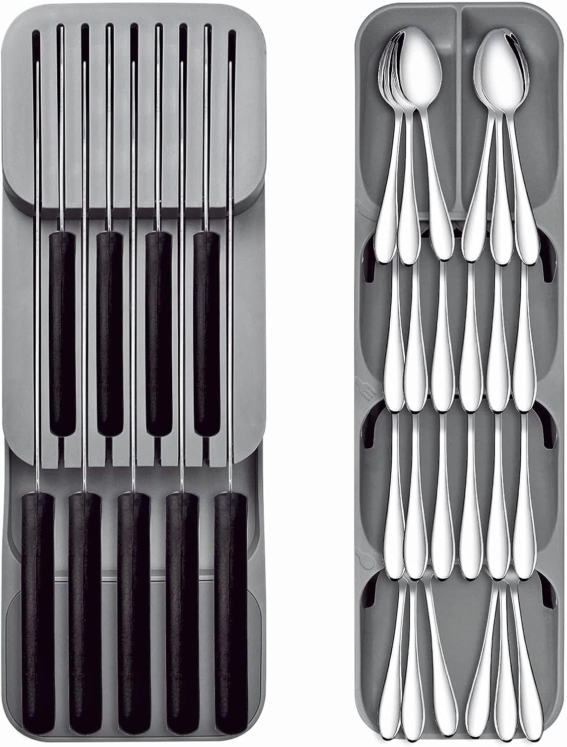 CHLORANTHUS 2 PCS Silverware Organizer - Kitchen Utensil Drawer Organizer Tray for Cutlery Flatware and Knives Storage - Home Dinner Organization for Fork Knife and Spoon Holder Grey