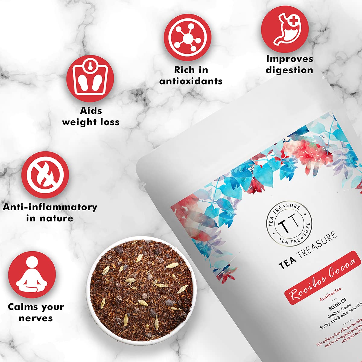 Tea Treasure Rooibos Cocoa Red Tea 100gm | Caffeine-Free Herbal Tea | Rich in Antioxidants | Improves Digestion | Aids Sleep | Skin Glow Support | Cocoa & Barley Malt Blend 1