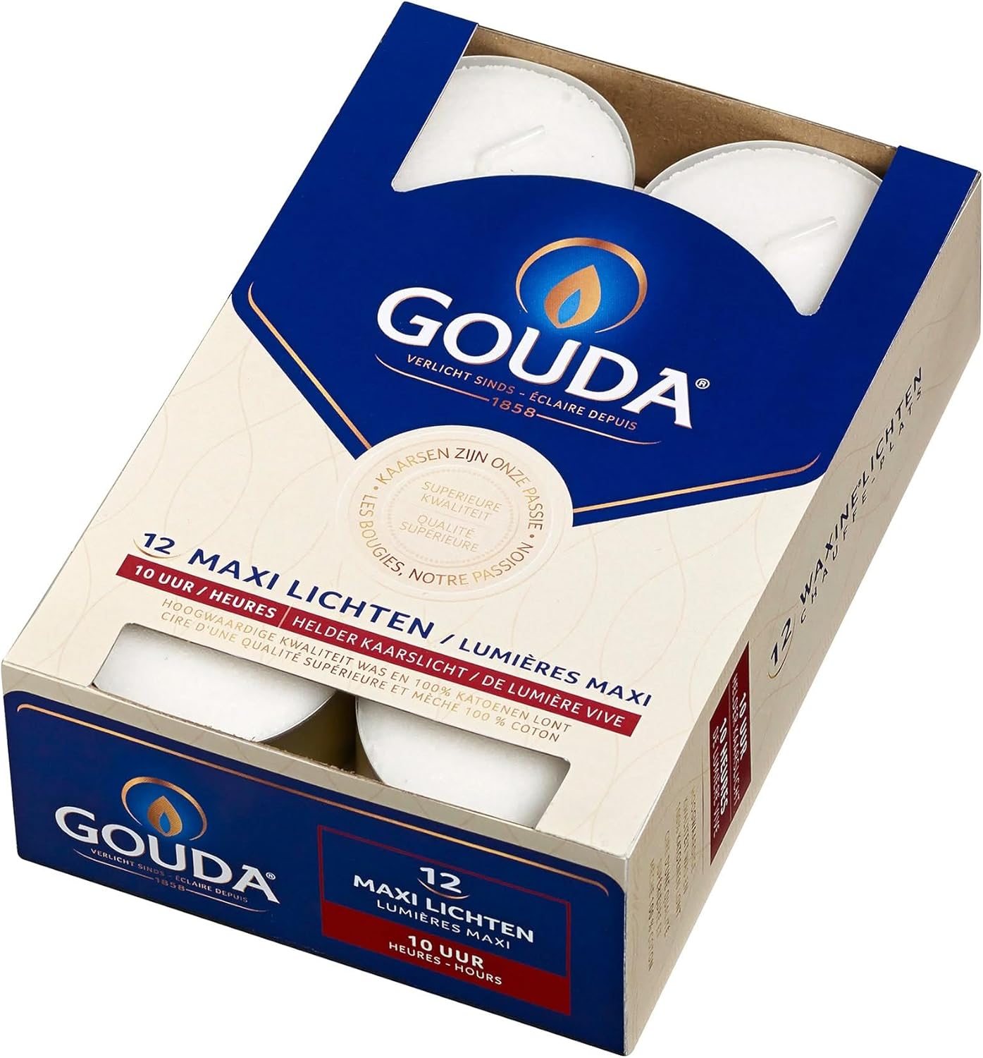 Gouda Maxi Tealight 10 Hours White, 12 Piece