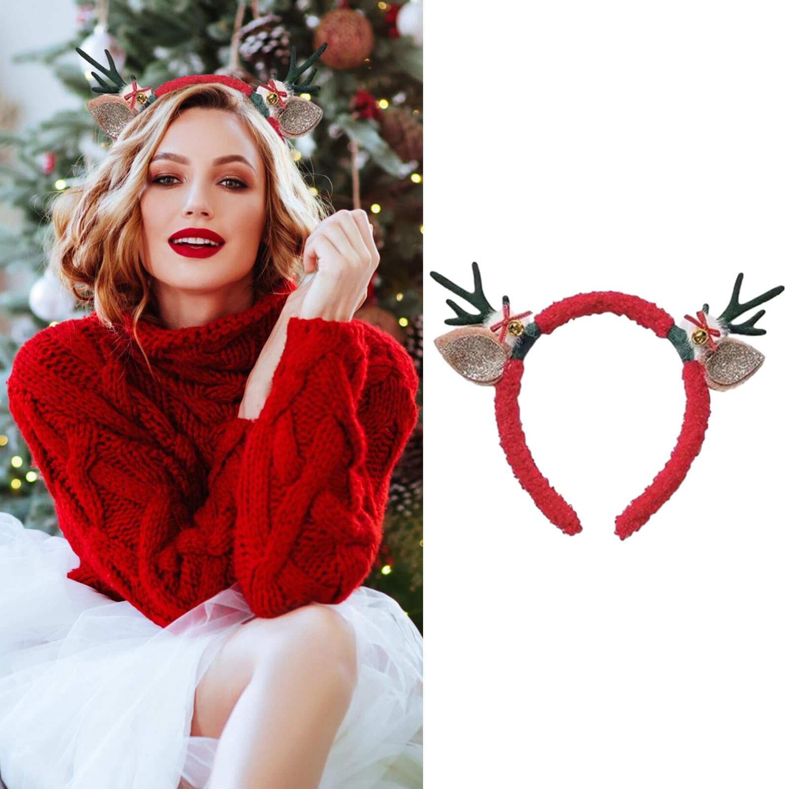Photo 1 of 1 Pcs Reindeer Antlers Headband Greenhorn Bow Bell Antler Christmas Headband Deer Antlers Headband Animal Ears Headband for Christmas Halloween Costume Party Cosplay Christmas Accessories